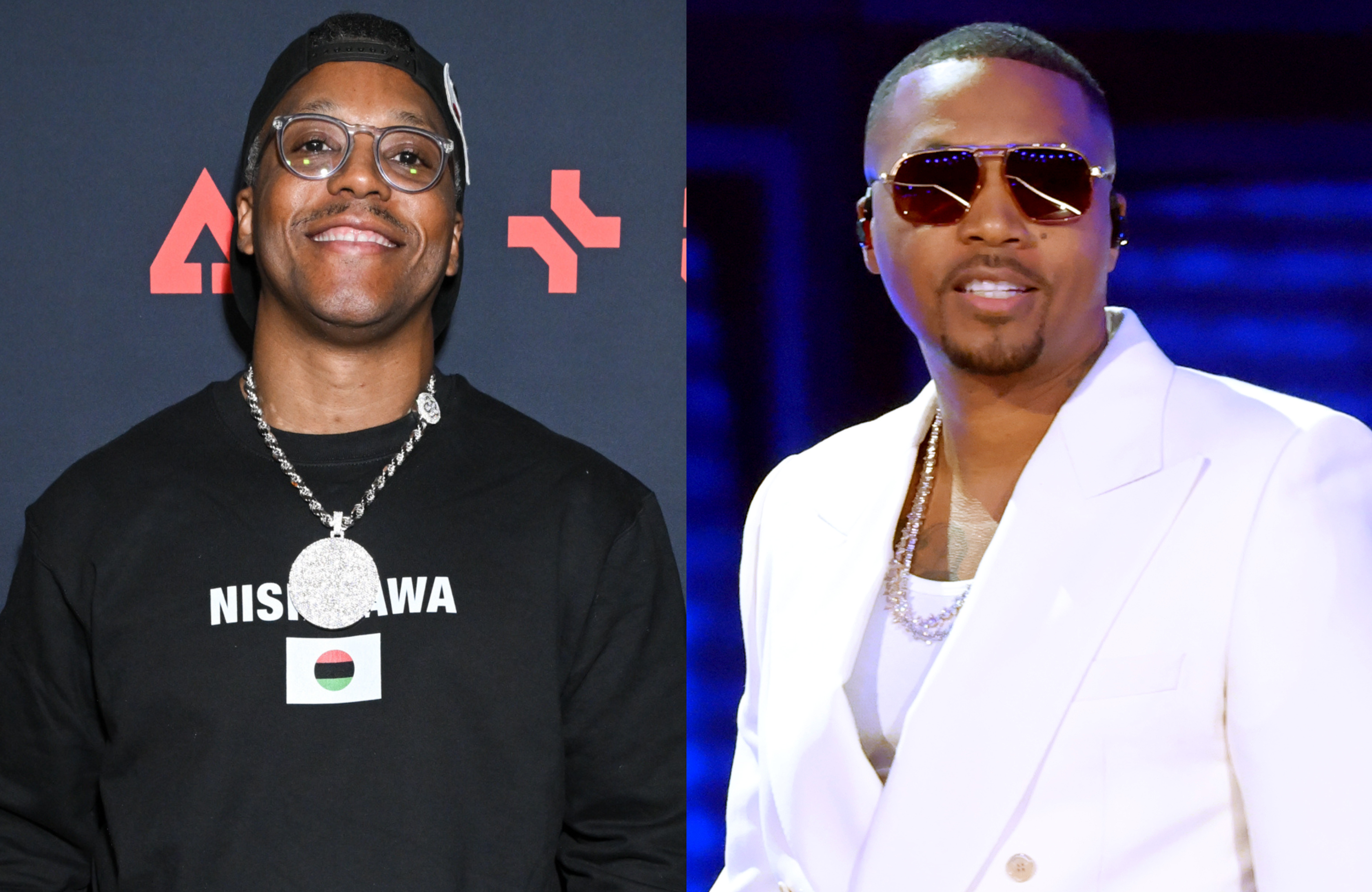 Lupe Fiasco in a black shirt and cap with glasses, Nas in a white suit with sunglasses, both smiling.