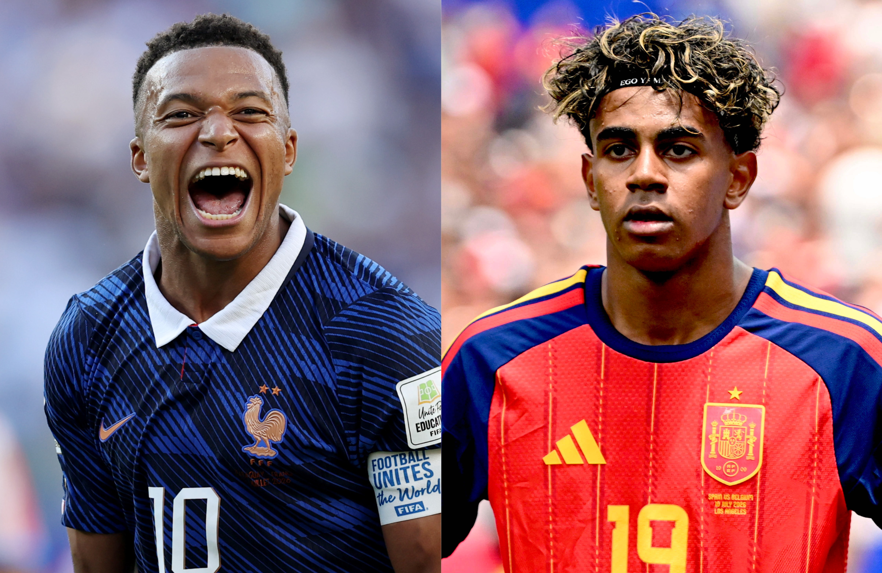 Kylian Mbappé in France's blue, number 10, and Lamine Yamal in Spain's red, number 19.