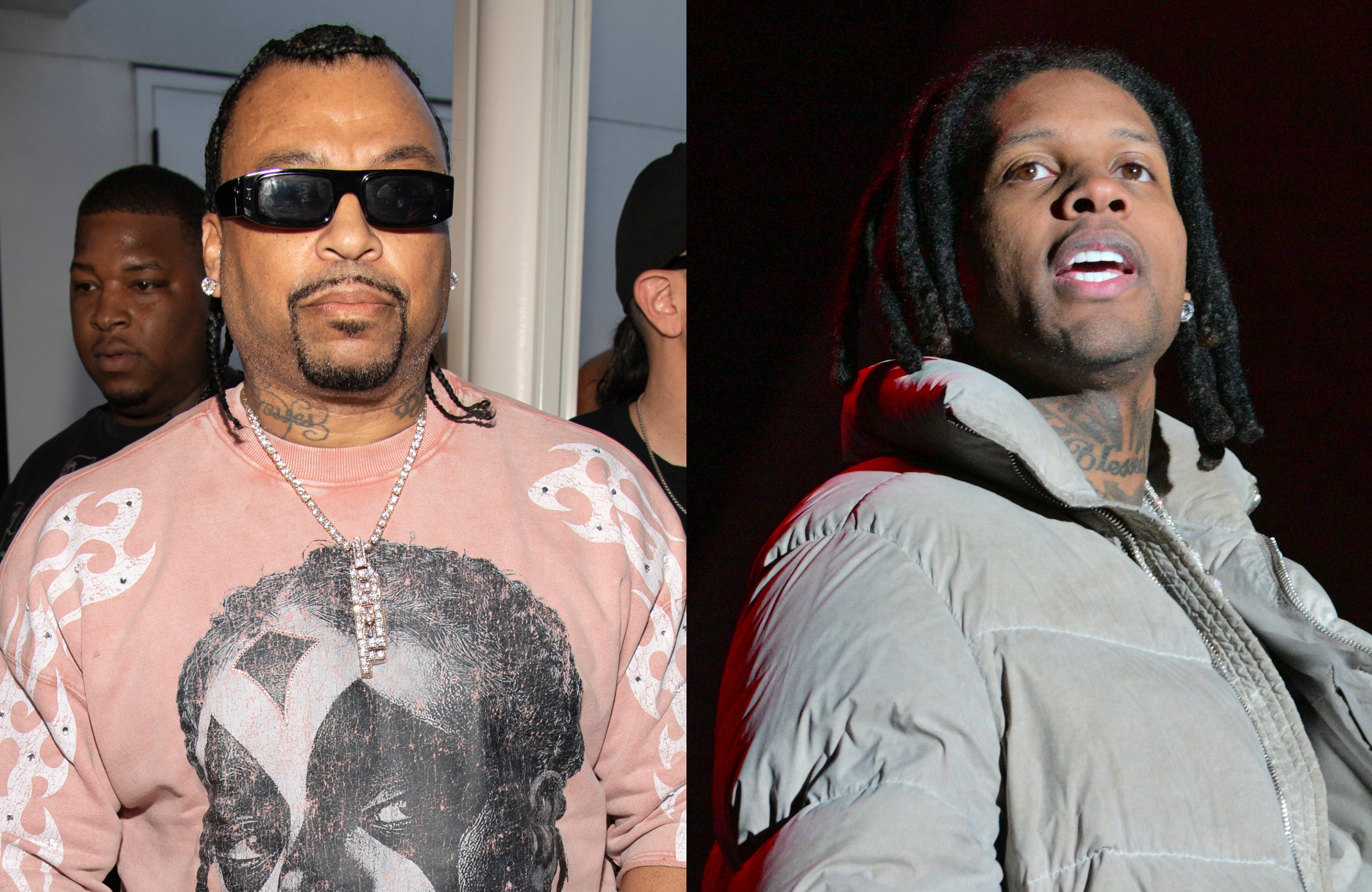Big Meech wearing sunglasses and a pink shirt with a graphic; Lil Durk wearing a puffer jacket, looking upwards.