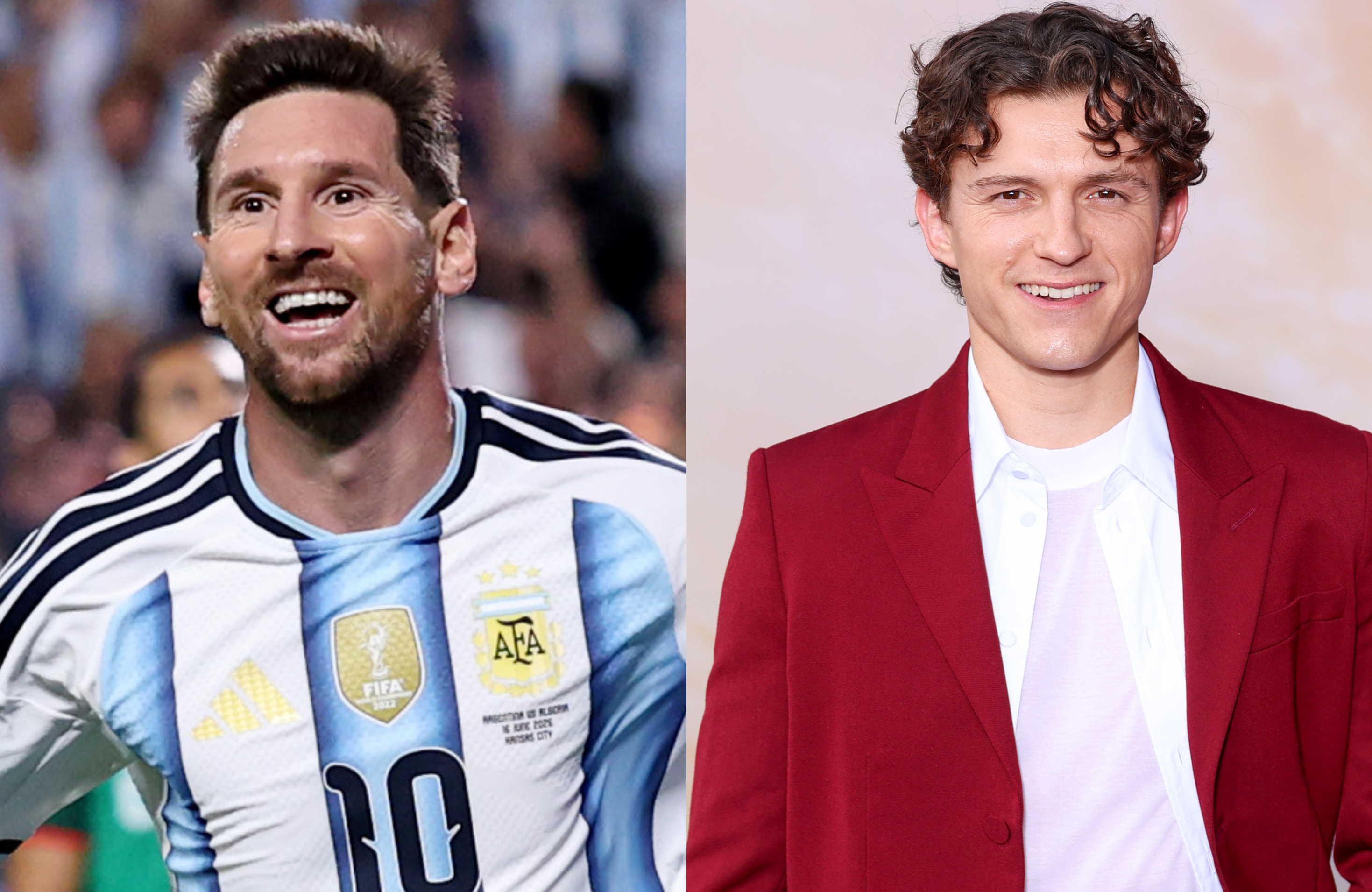 Lionel Messi in an Argentina jersey and Tom Holland in a red suit, smiling.