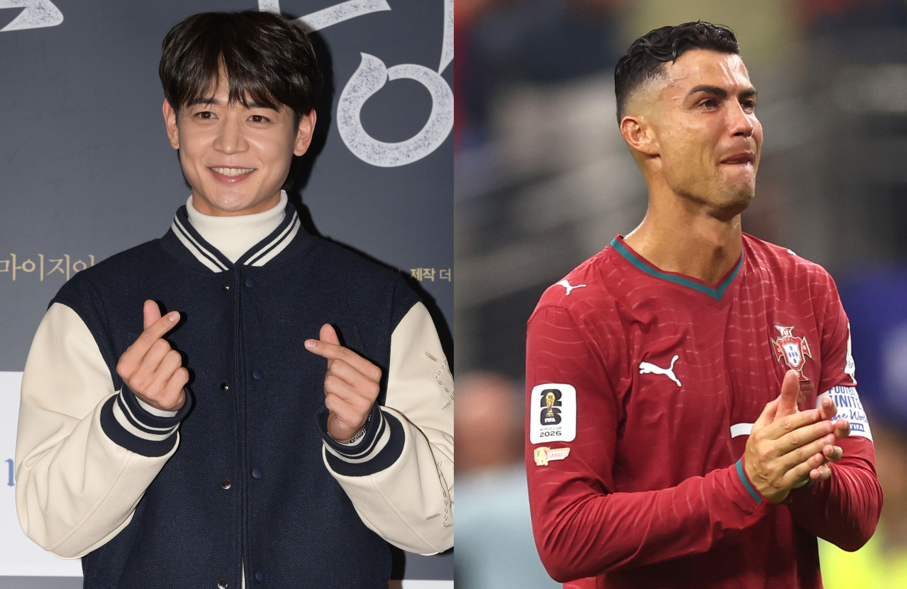 K-pop star Minho making a heart gesture, and footballer Cristiano Ronaldo clapping in a red jersey.