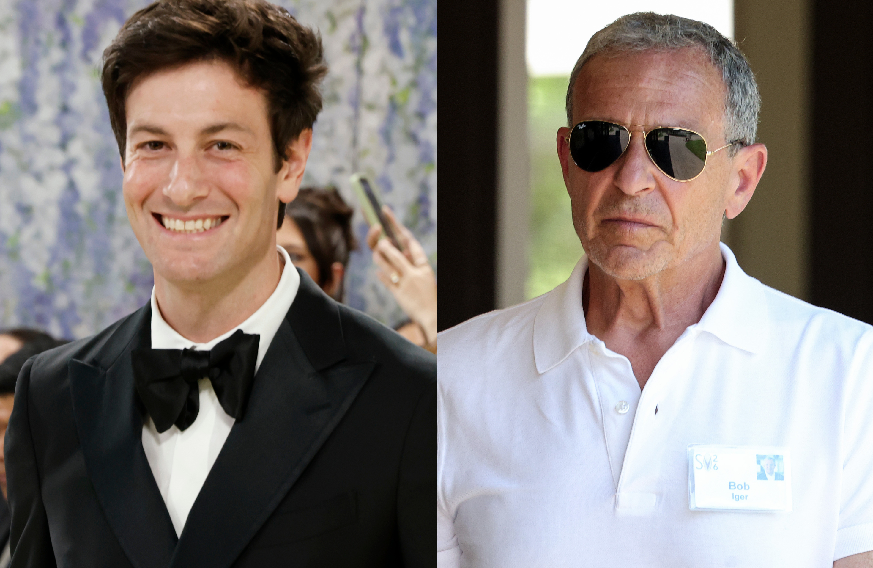 Josh Kushner in a tuxedo smiling, and Bob Iger in sunglasses wearing a white polo shirt with a name tag.