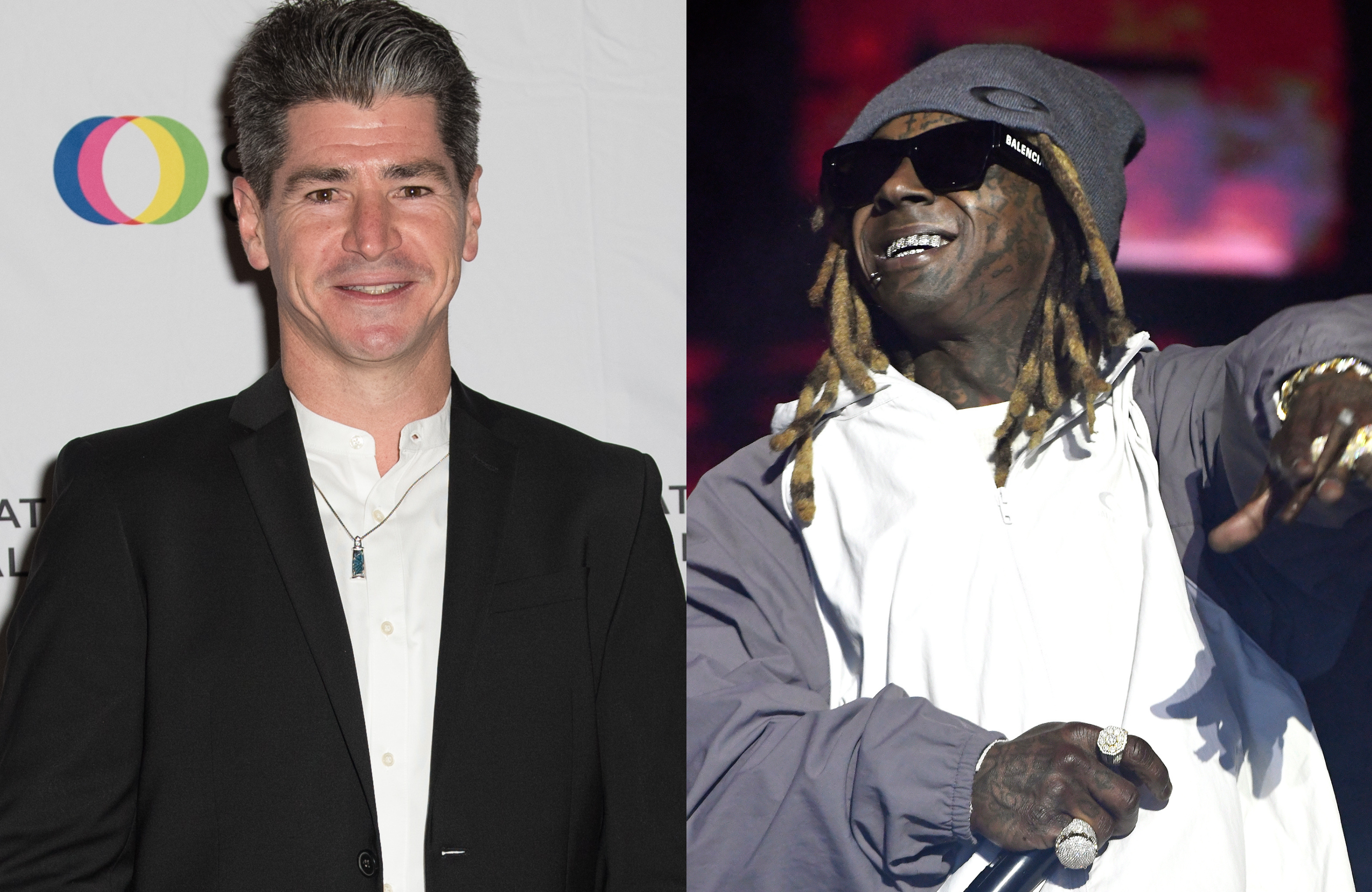 Michael Fishman in a suit smiling at an event, Lil Wayne performing, wearing sunglasses and a beanie.