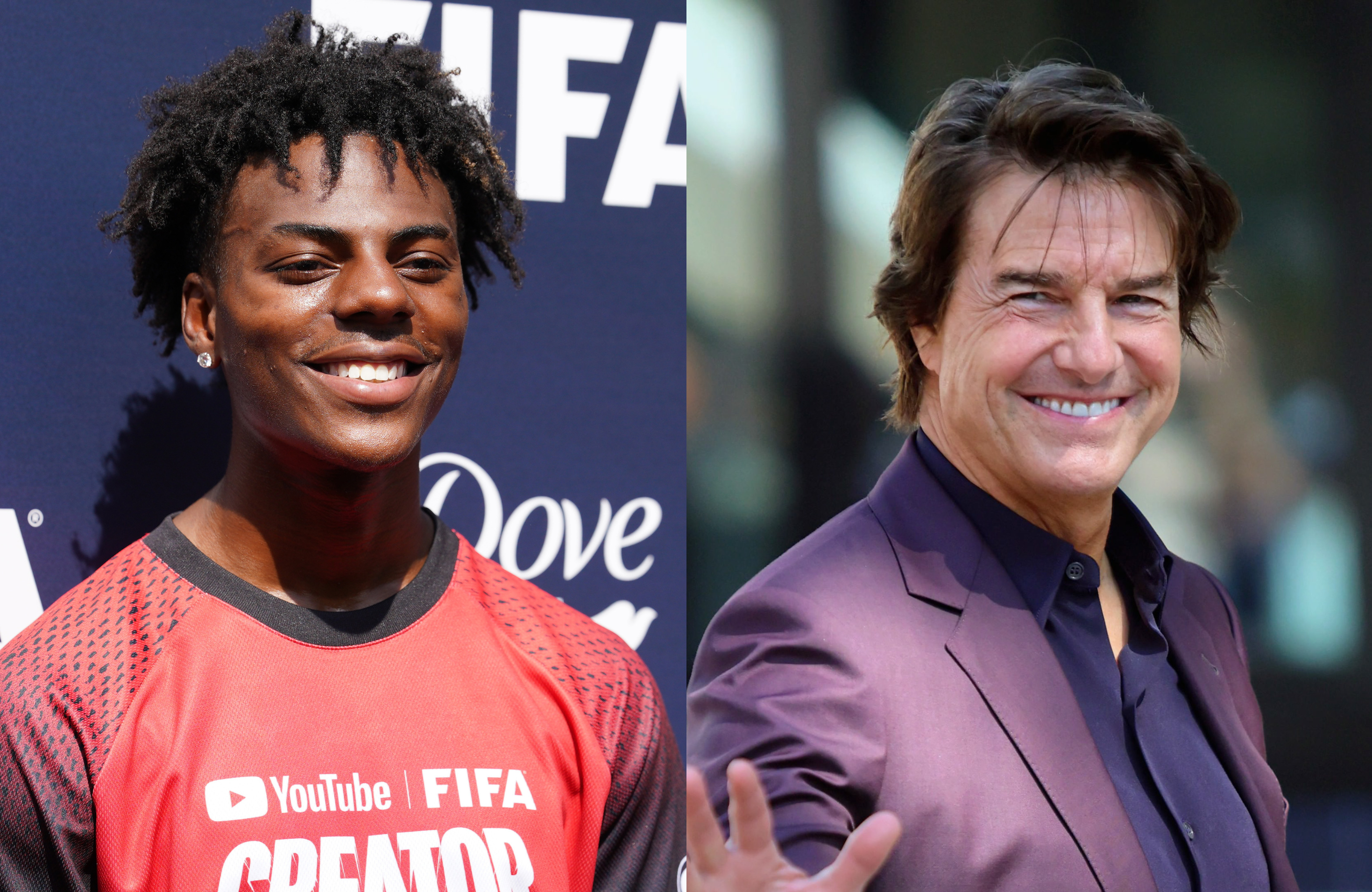 IShowSpeed in a red FIFA shirt smiling; on the right, Tom Cruise in a suit waving and smiling.