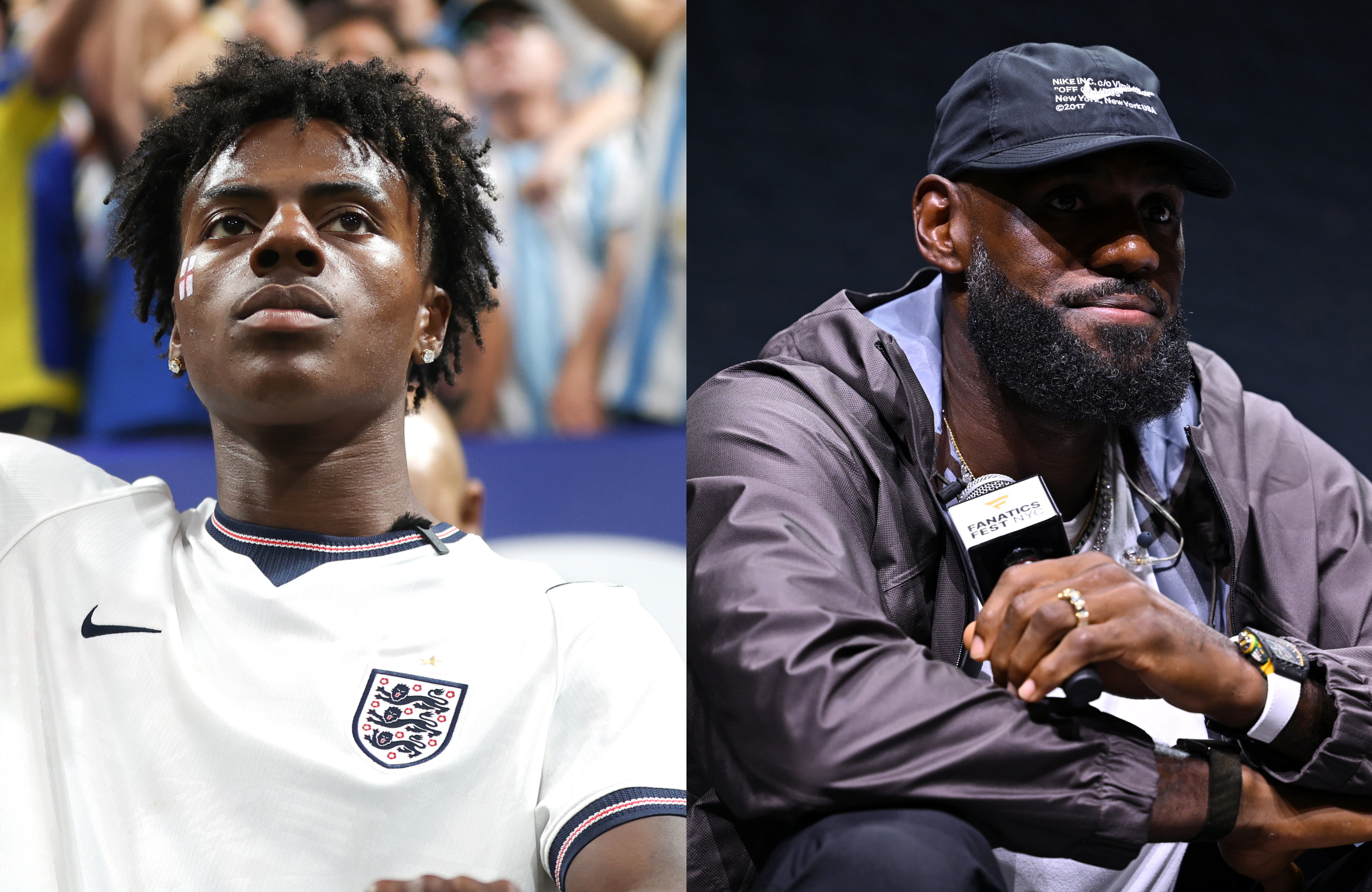 IShowSpeed in an England football jersey and LeBron James wearing a black cap and jacket.
