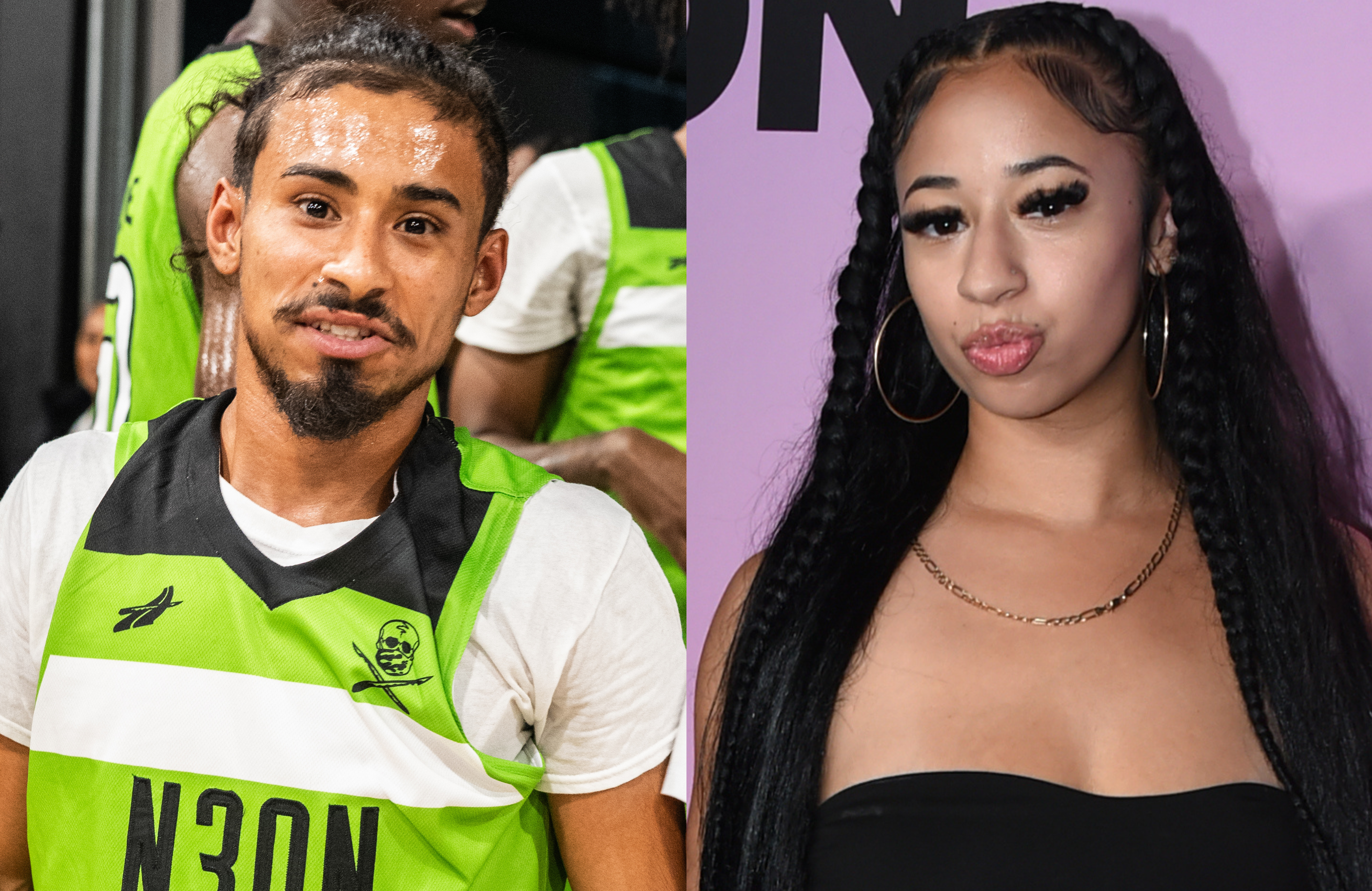 Julian Newman in a green sports jersey and Jaden Newman in a black strapless top with hoop earrings, posing in separate images.