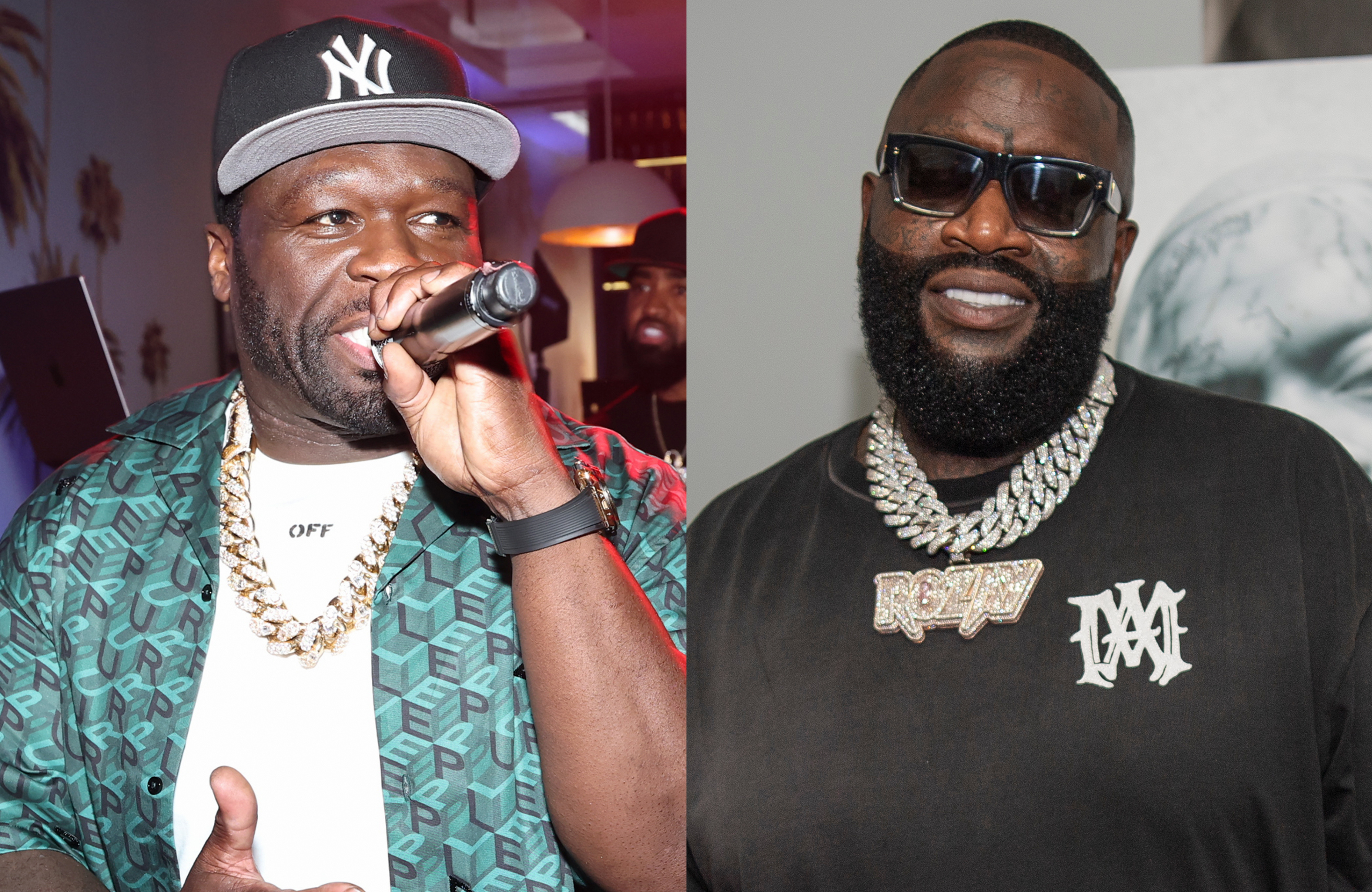 50 Cent performing with a microphone, wearing a cap and chain. Rick Ross smiling, wearing sunglasses and a chain.