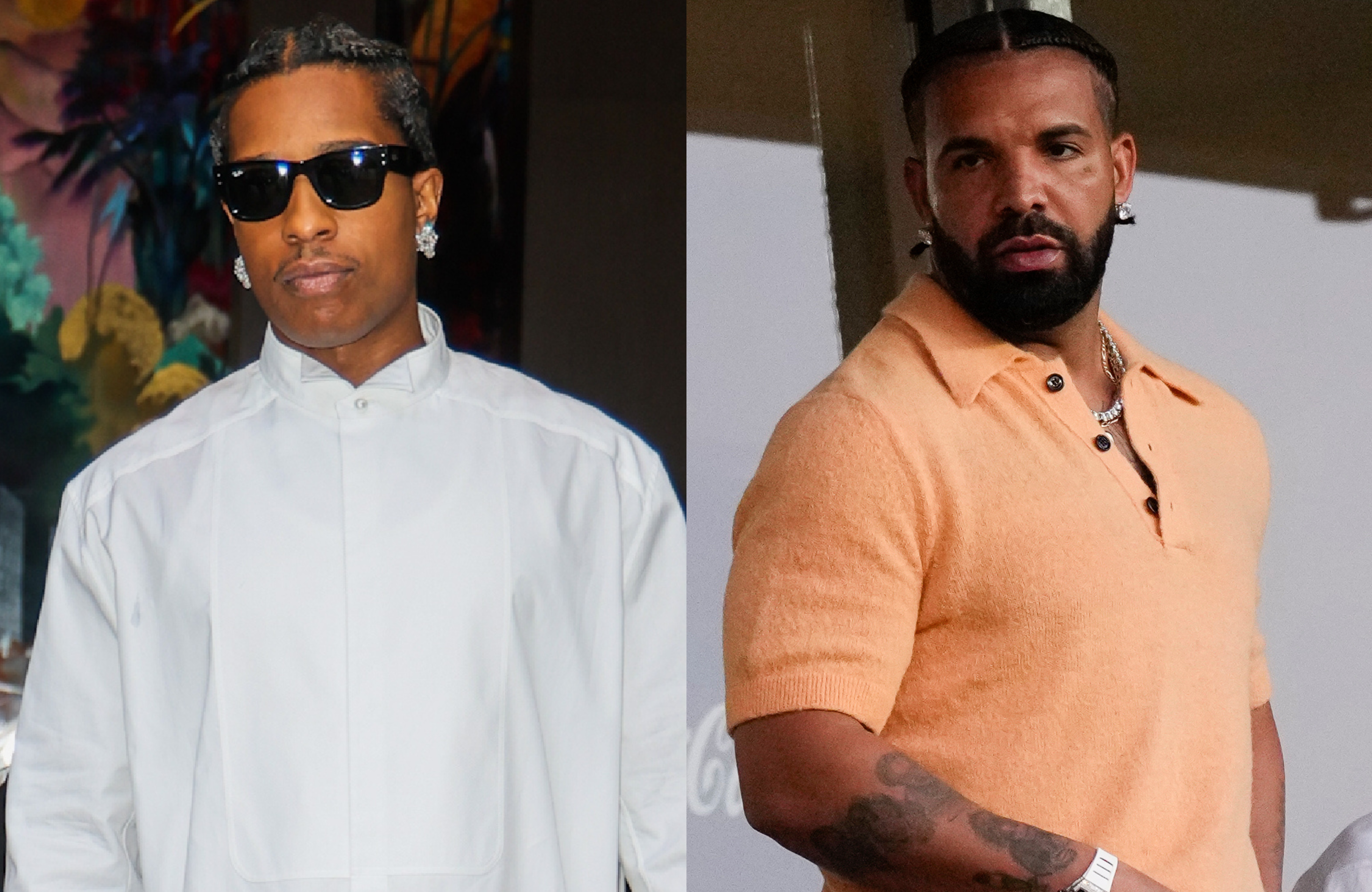 A$AP Rocky in a white shirt and sunglasses, next to Drake in an orange shirt with a beard and tattoos.