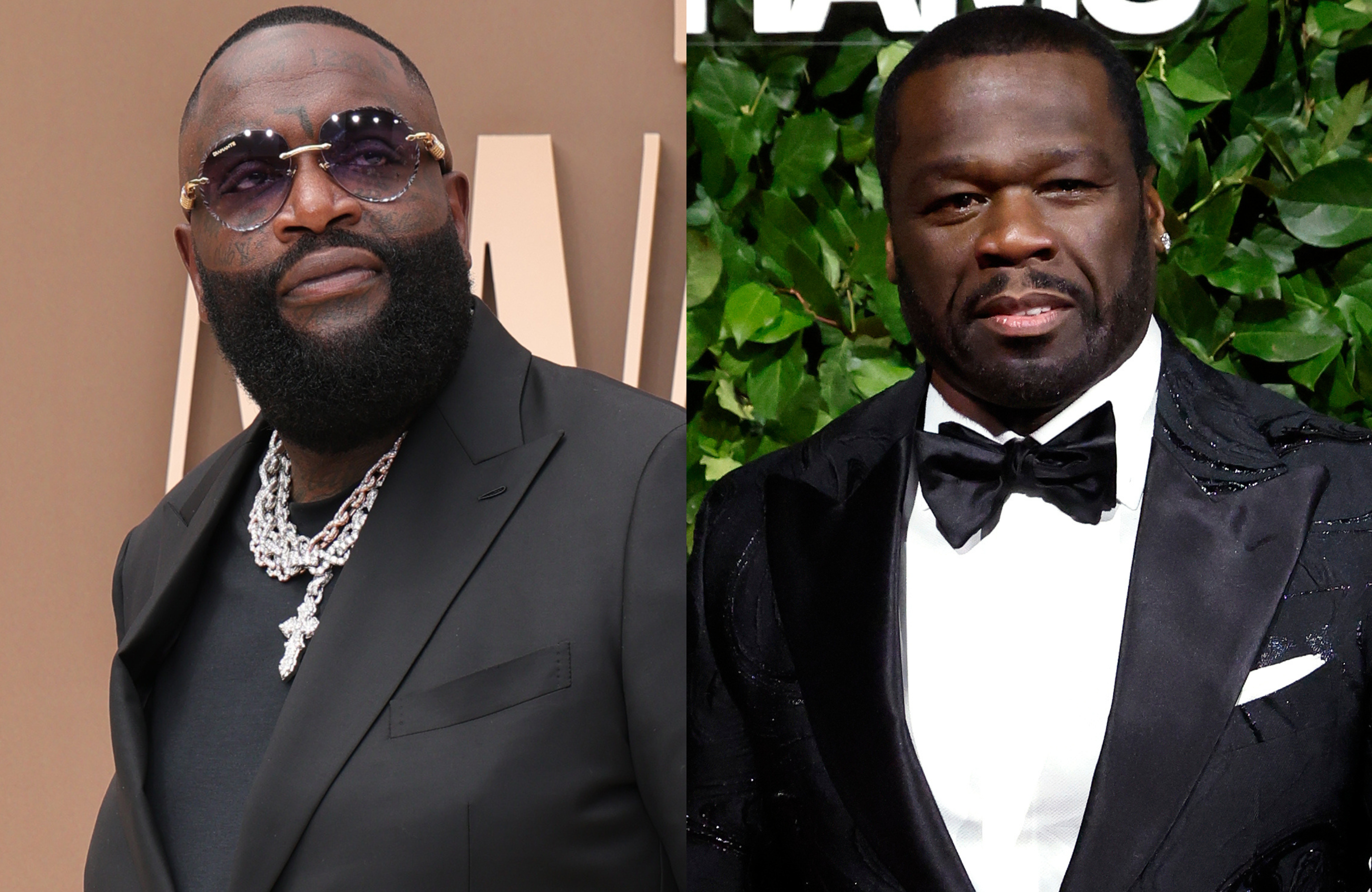 Rick Ross in sunglasses and a black suit with chains, next to 50 Cent in a black tuxedo with a bow tie.
