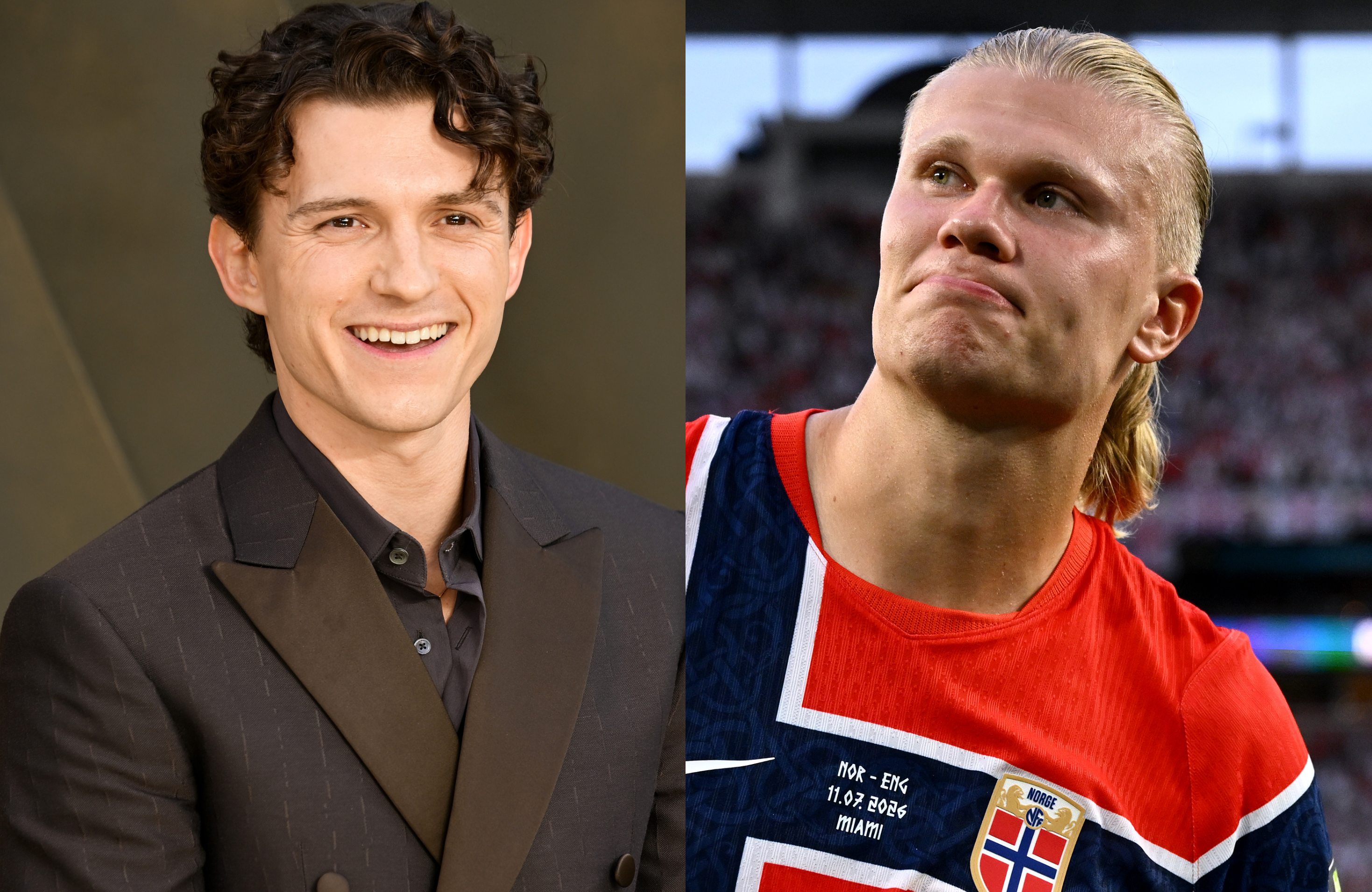 Tom Holland smiling in a suit on the left; Erling Haaland in a Norway soccer jersey on the right.