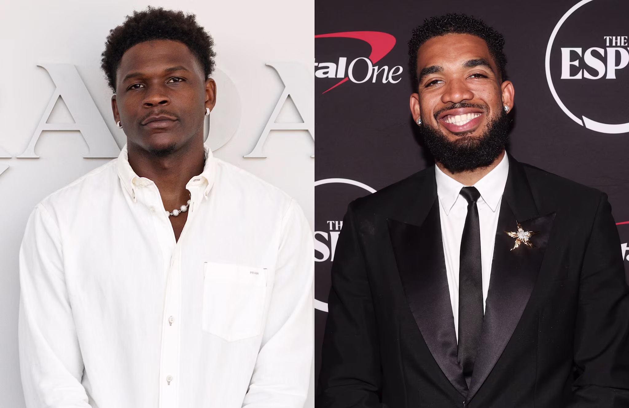 Anthony Edwards on the left wears a white shirt, and Karl-Anthony Towns on the right is smiling in a black suit and tie.