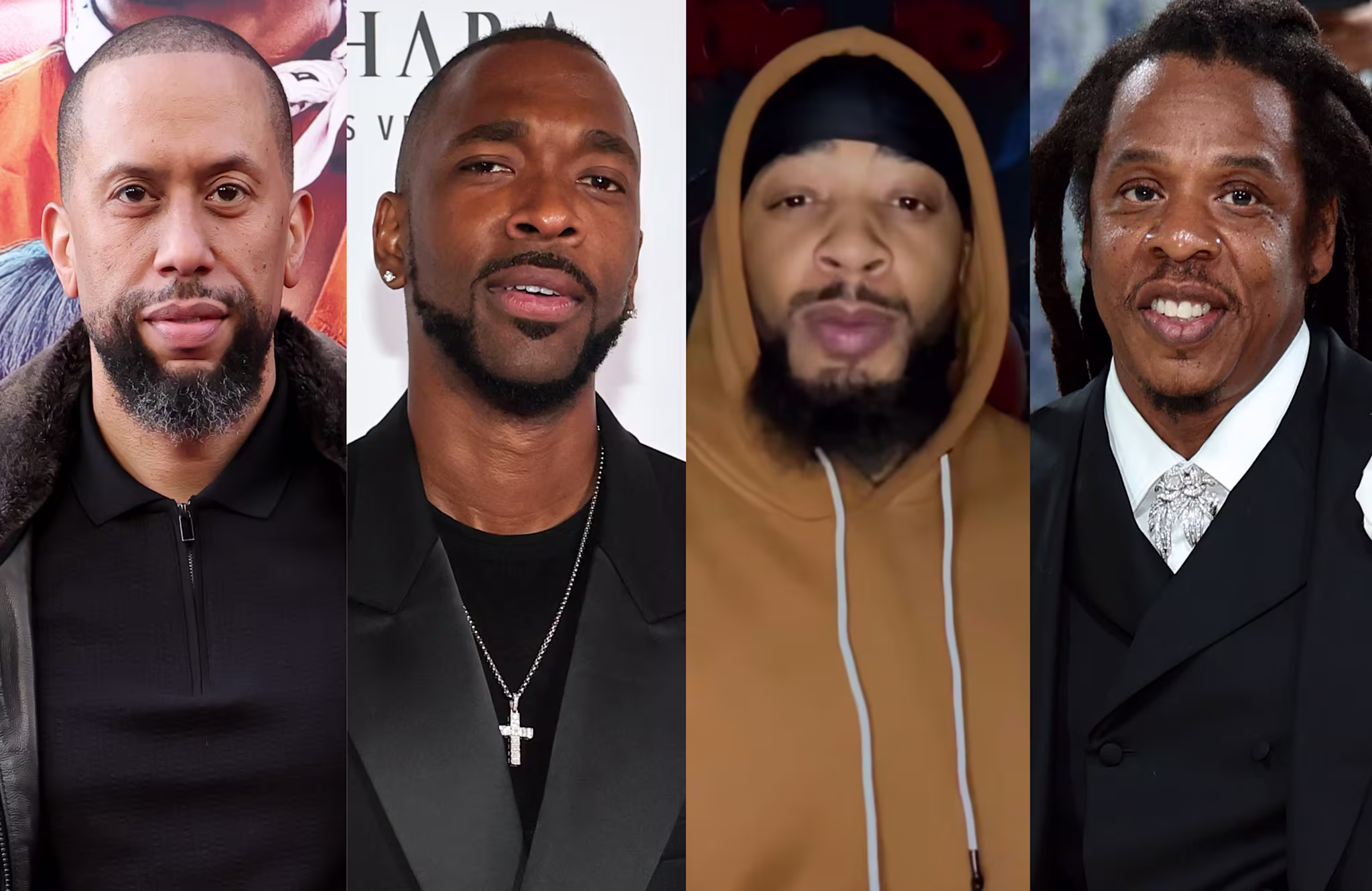 Affion Crockett in a jacket, Jay Pharoah in a suit, TattooManPaige in a hoodie, and Jay-Z with dreadlocks in a formal suit.