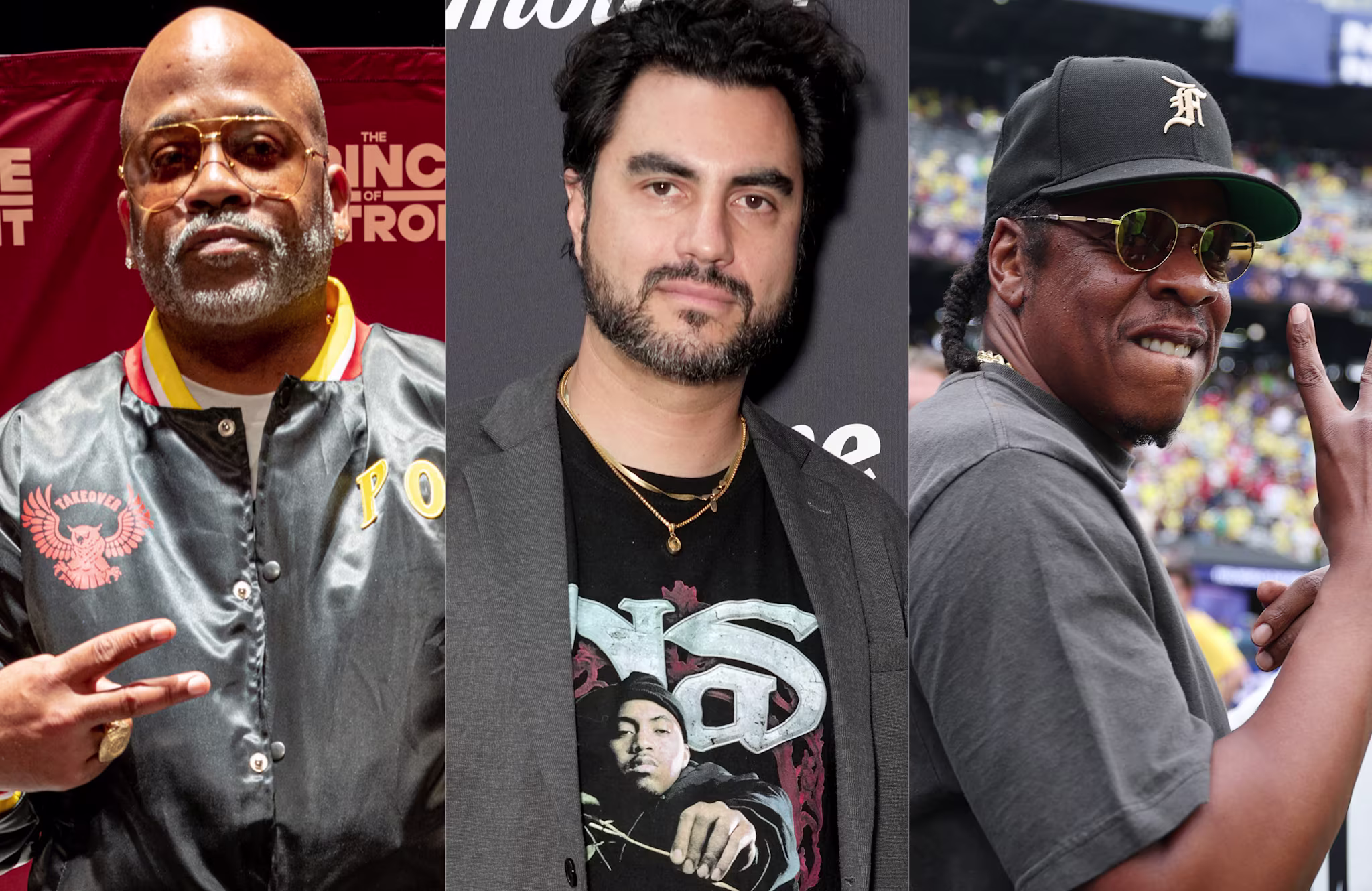 Dame Dash in a jacket with sunglasses, Adam Bhala Lough a beard in a blazer, and Jay-Z in a cap and sunglasses.