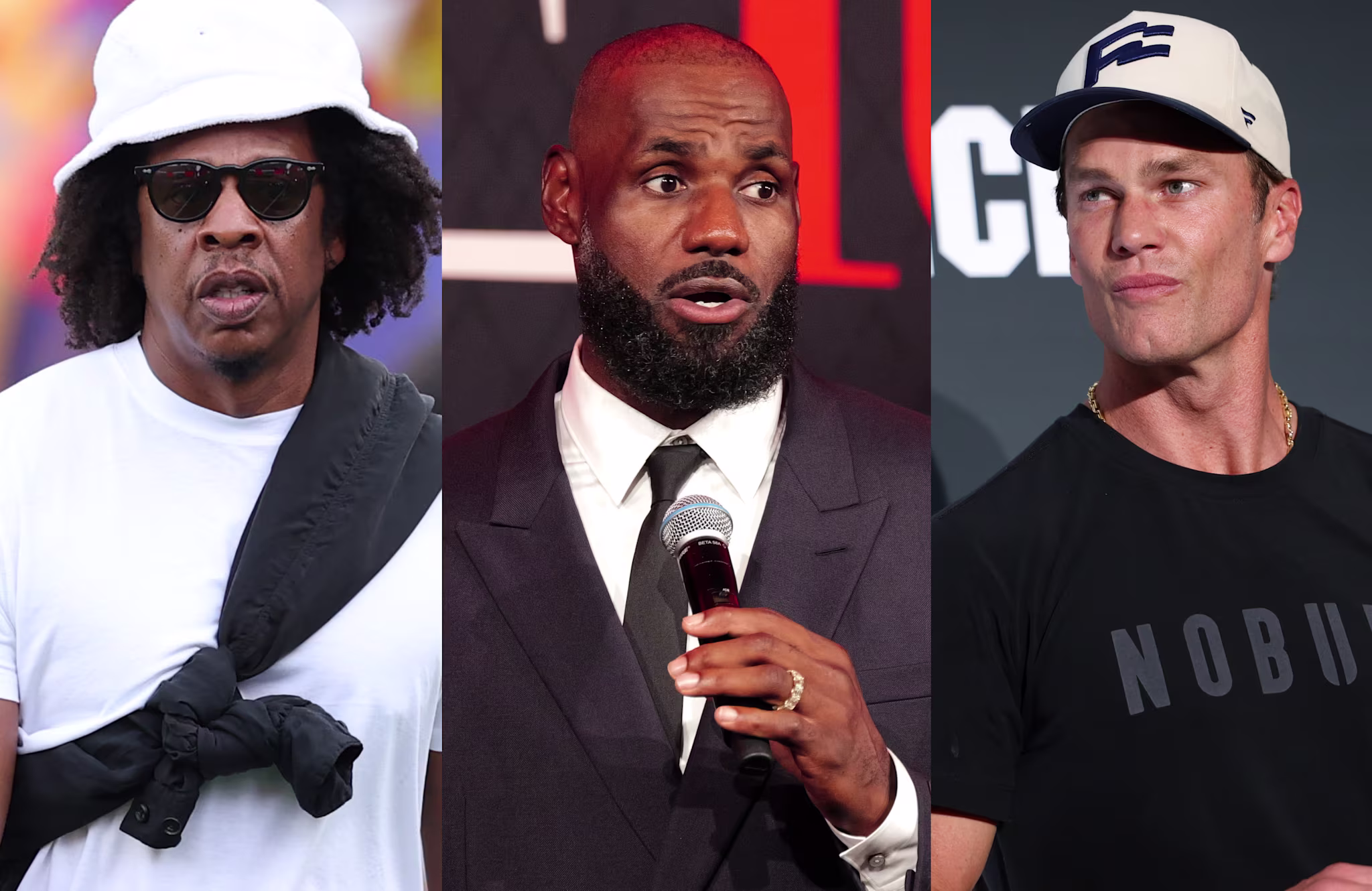 Jay-Z in a white shirt and hat, LeBron James in a suit speaking, and Tom Brady in a cap and black shirt.