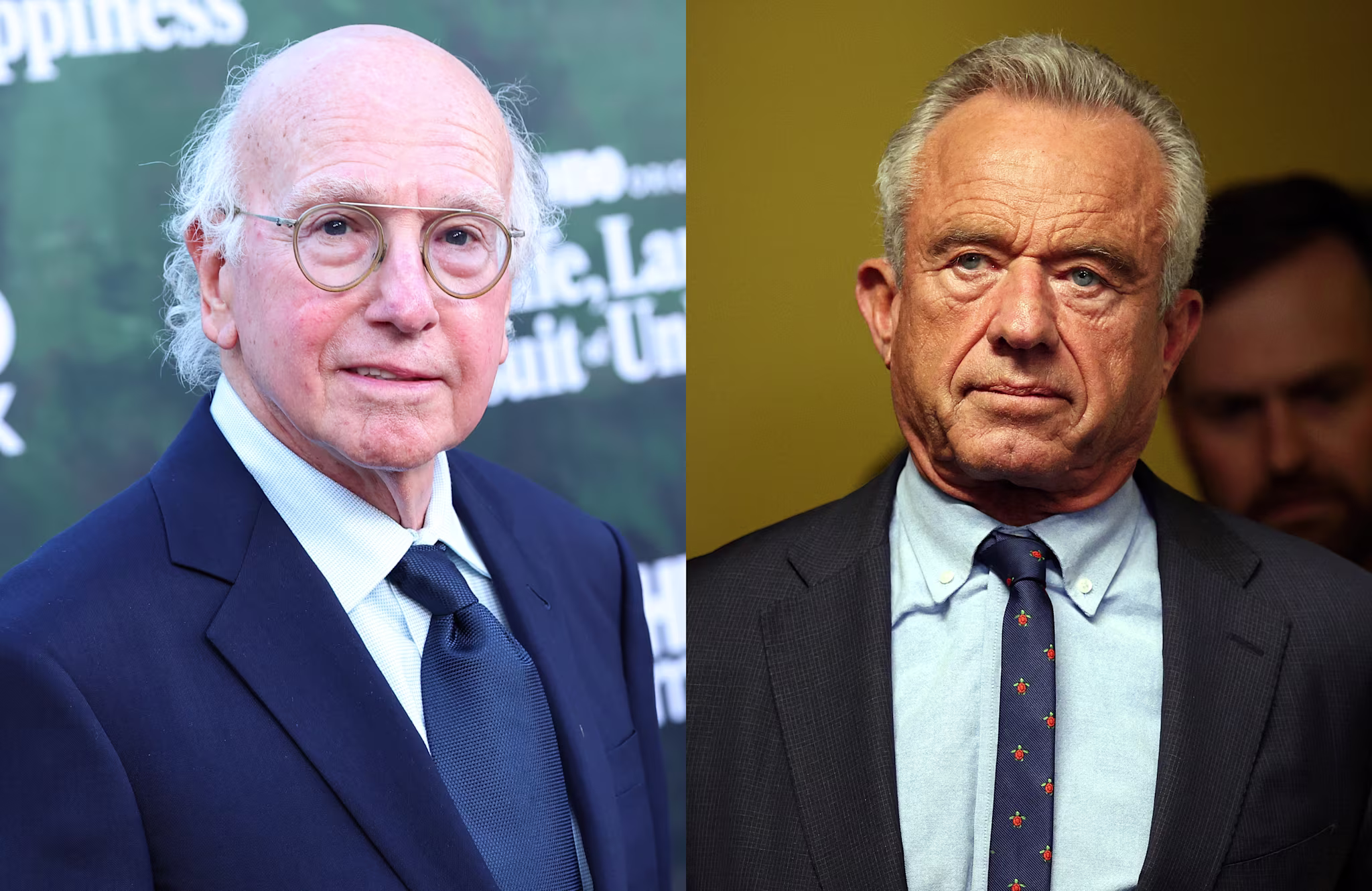 Larry David on the left has glasses and a receding hairline. Robert F. Kennedy Jr on the right has gray hair and a serious expression.