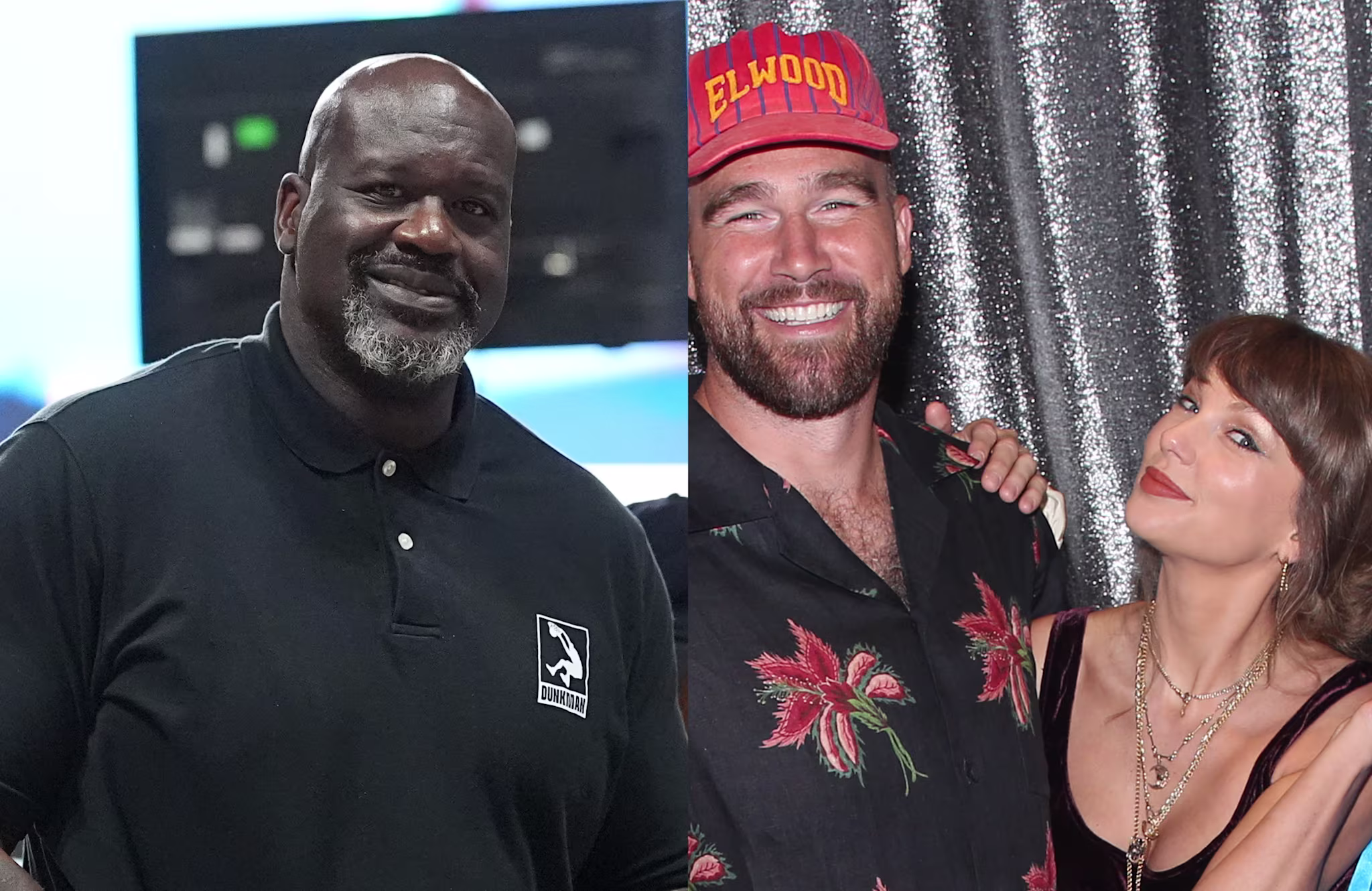Shaquille O'Neal in a black polo shirt, Travis Kelce in a floral shirt and red cap, and Taylor Swift in a black outfit with a silver backdrop.