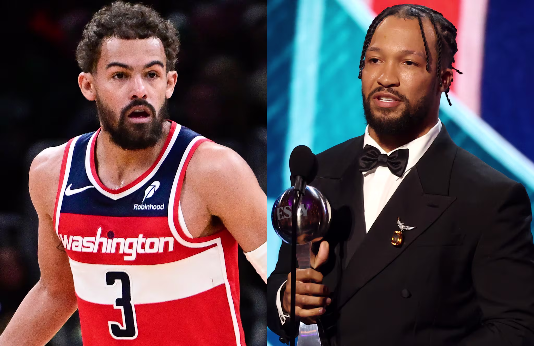 Trae Young in a Washington jersey on the left; Jalen Brunson in a tuxedo holding an award on the right.