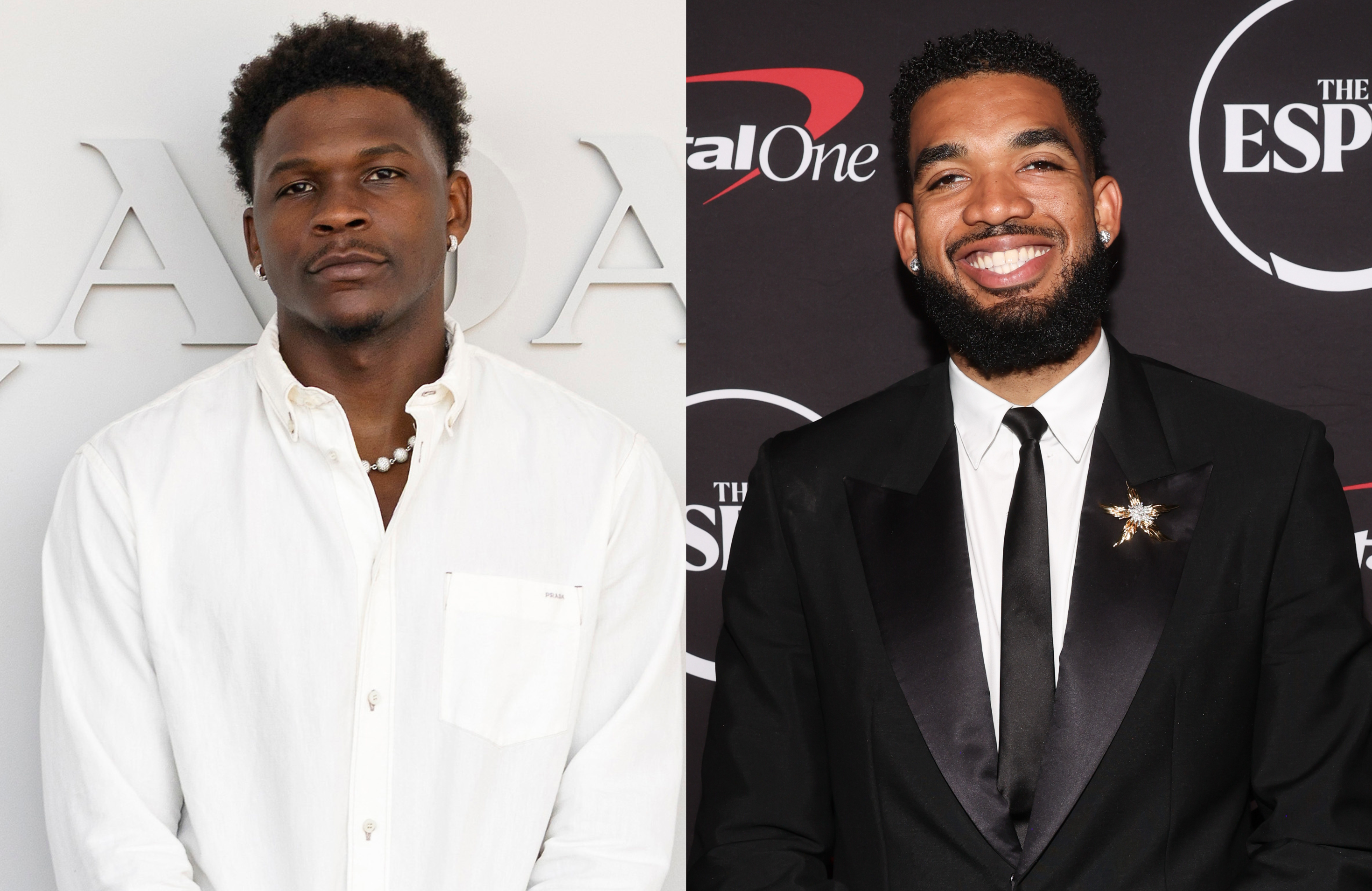 Anthony Edwards on the left wears a white shirt, and Karl-Anthony Towns on the right is smiling in a black suit and tie.