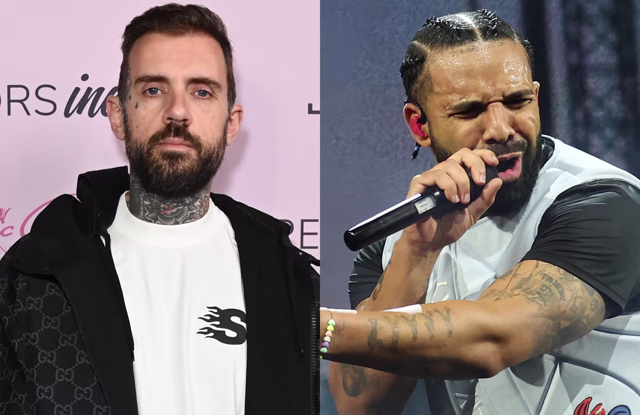Adam22 with tattoos and a beard in casual attire; on the right, Drake performing passionately with a microphone.