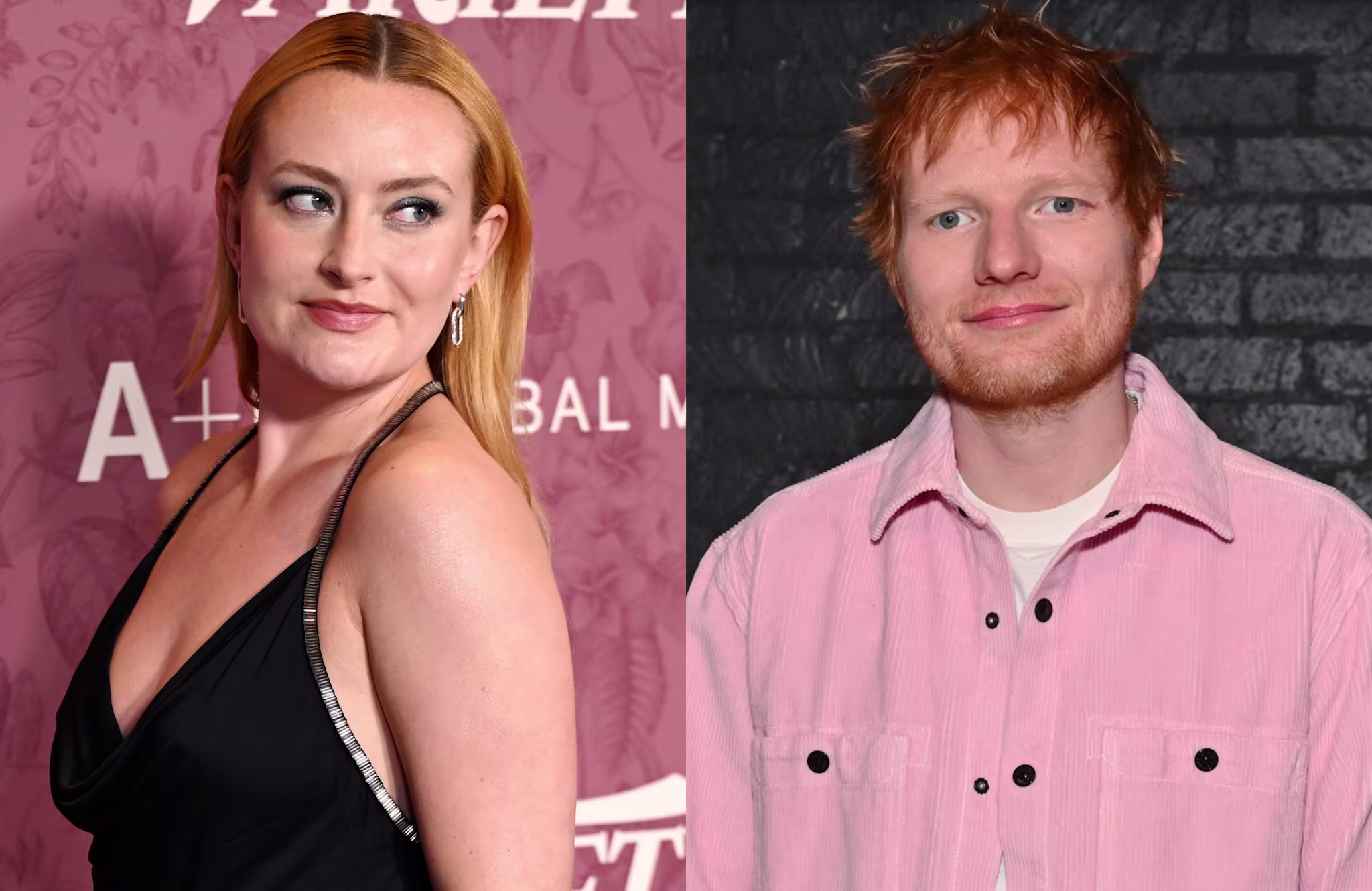 Amelia Dimoldenberg in a black dress and Ed Sheeran with red hair in a pink shirt, smiling.