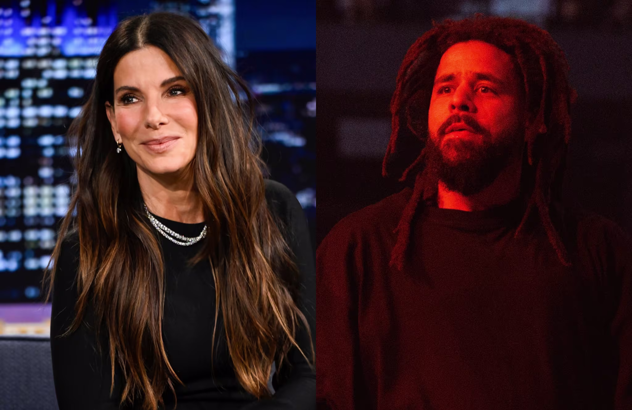 Sandra Bullock smiling on a talk show set; J. Cole performing on stage with dramatic red lighting.