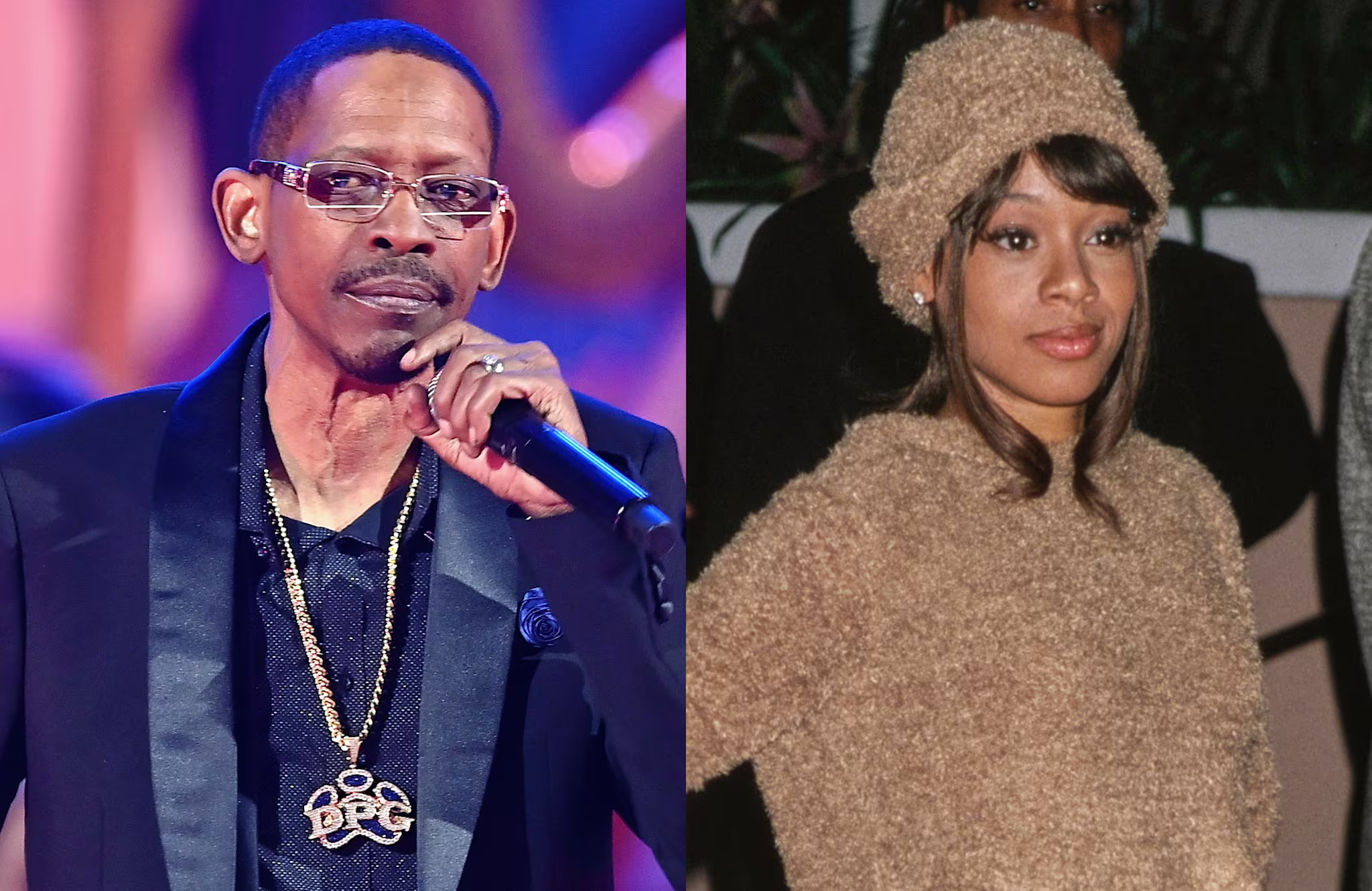 Kurupt in glasses and a suit with a microphone. Lisa "Left Eye" Lopes in a textured outfit and hat.