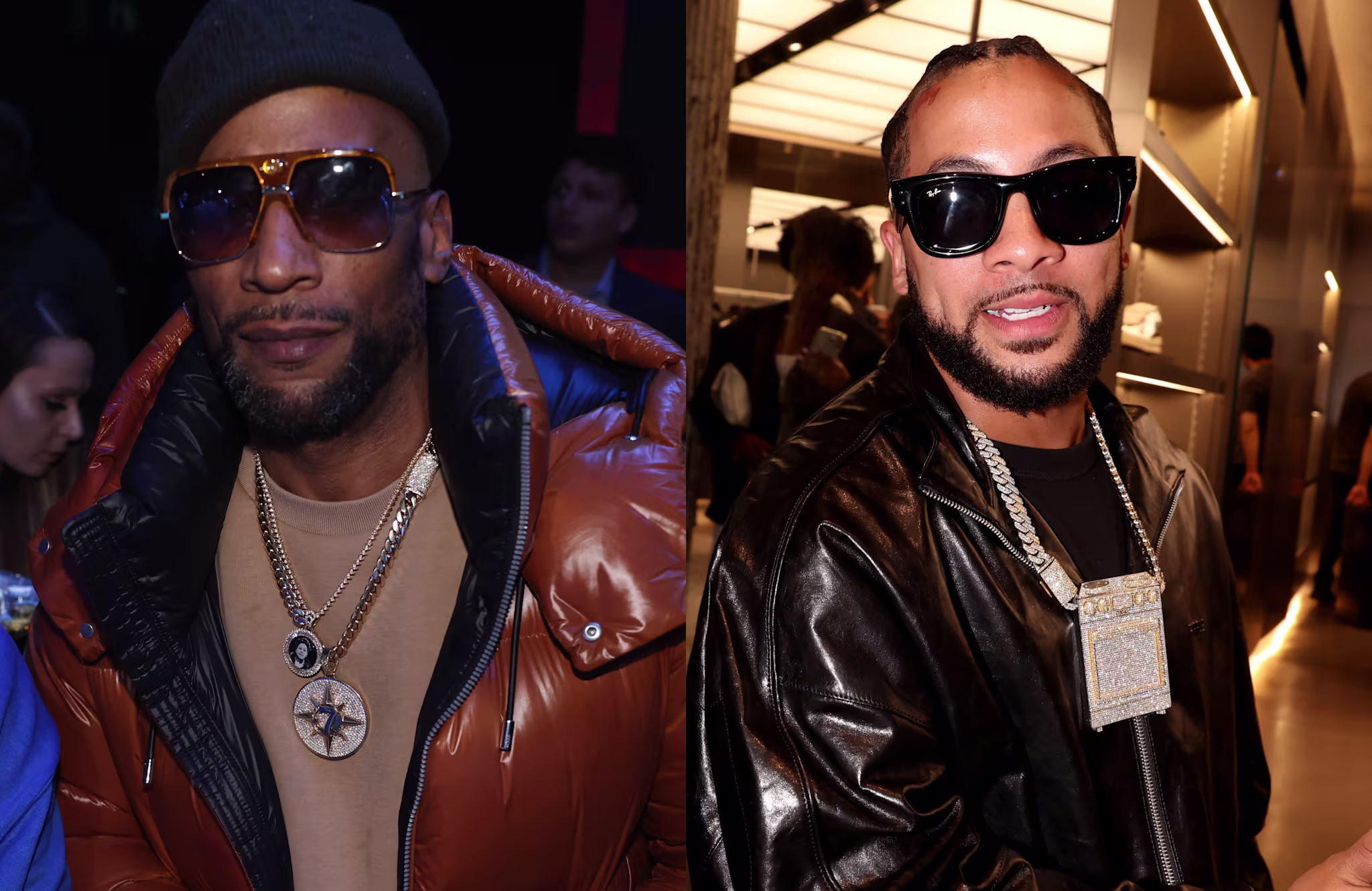 Lord Jamar wears a brown jacket and hat; Stove God Cooks in a black leather jacket.