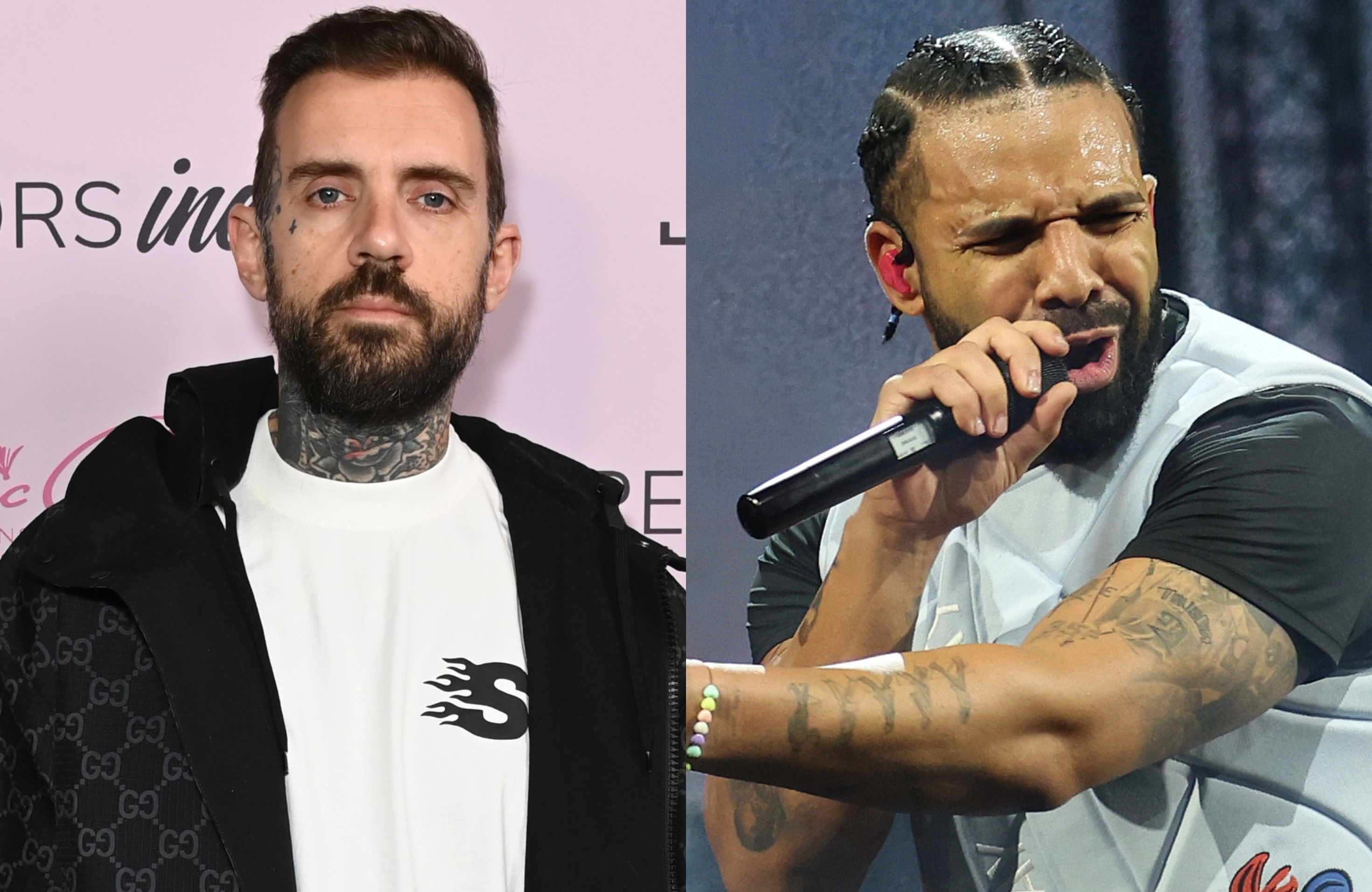 Adam22 with tattoos and a beard in casual attire; on the right, Drake performing passionately with a microphone.