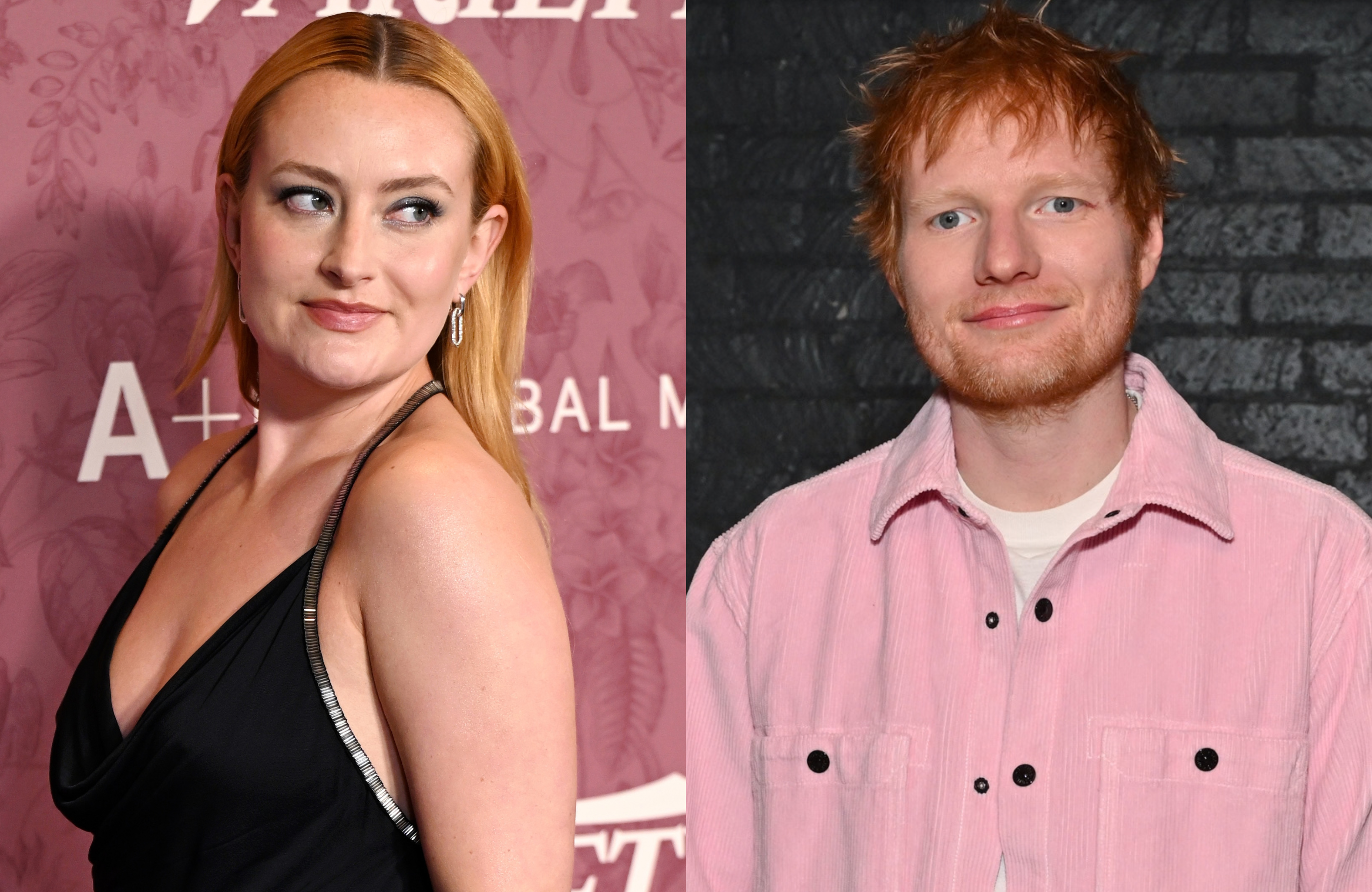 Amelia Dimoldenberg in a black dress and Ed Sheeran with red hair in a pink shirt, smiling.