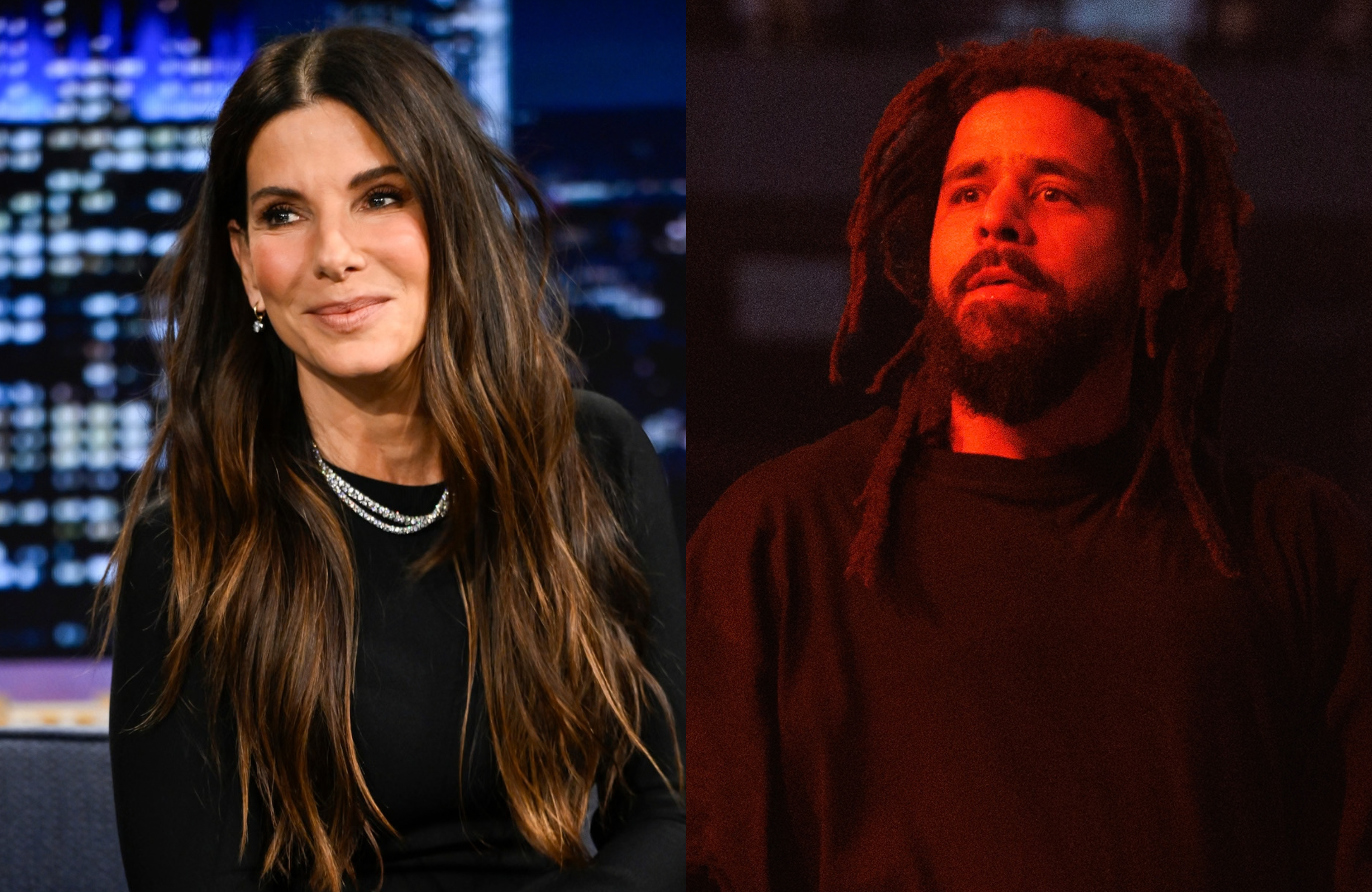 Sandra Bullock smiling on a talk show set; J. Cole performing on stage with dramatic red lighting.