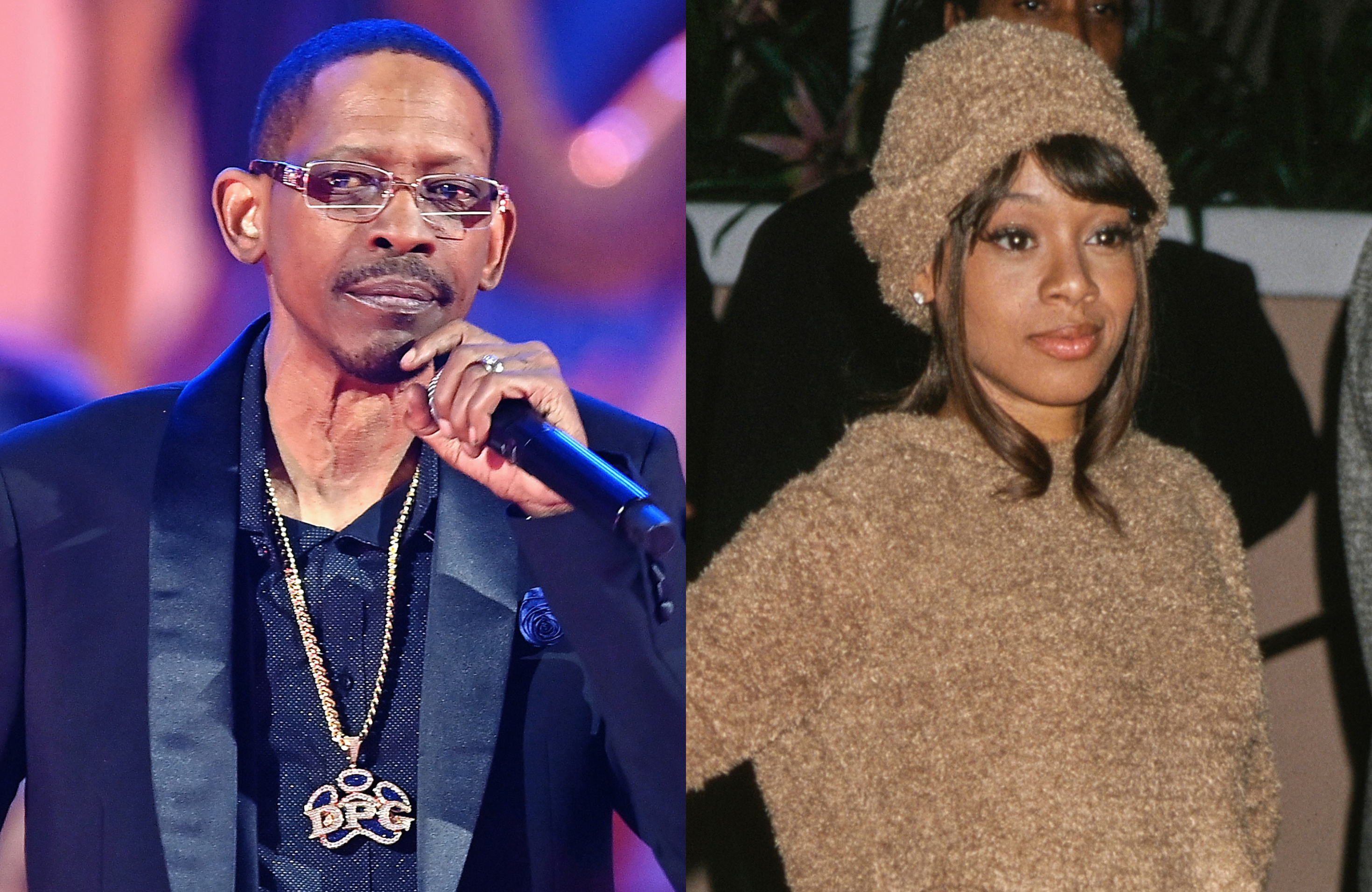 Kurupt in glasses and a suit with a microphone. Lisa "Left Eye" Lopes in a textured outfit and hat.