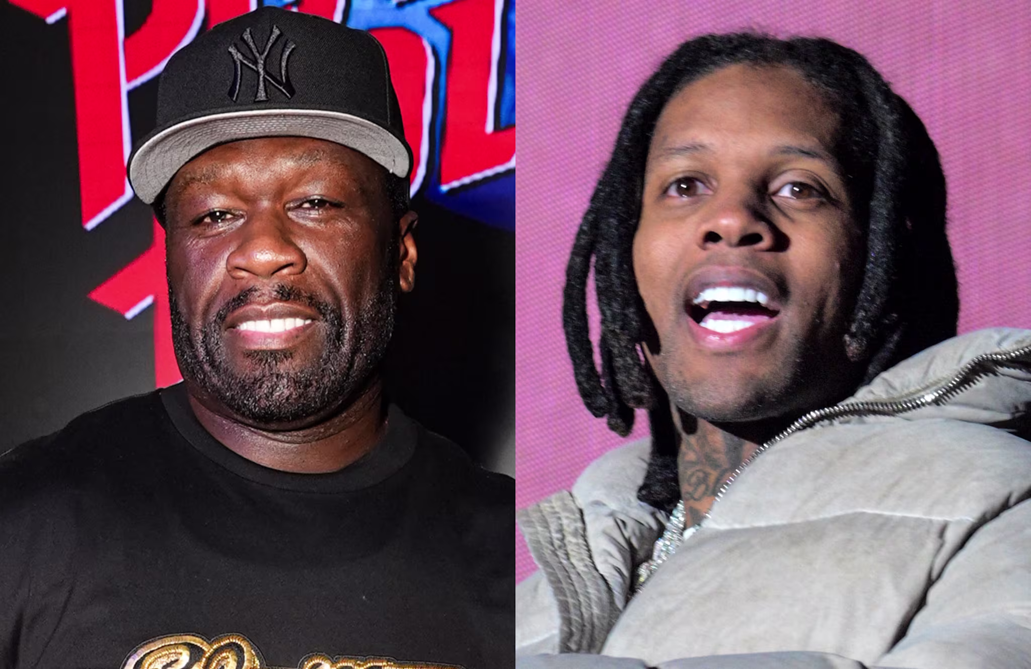 50 Cent wearing a black cap and Lil Durk in a light jacket, both smiling against different backgrounds.