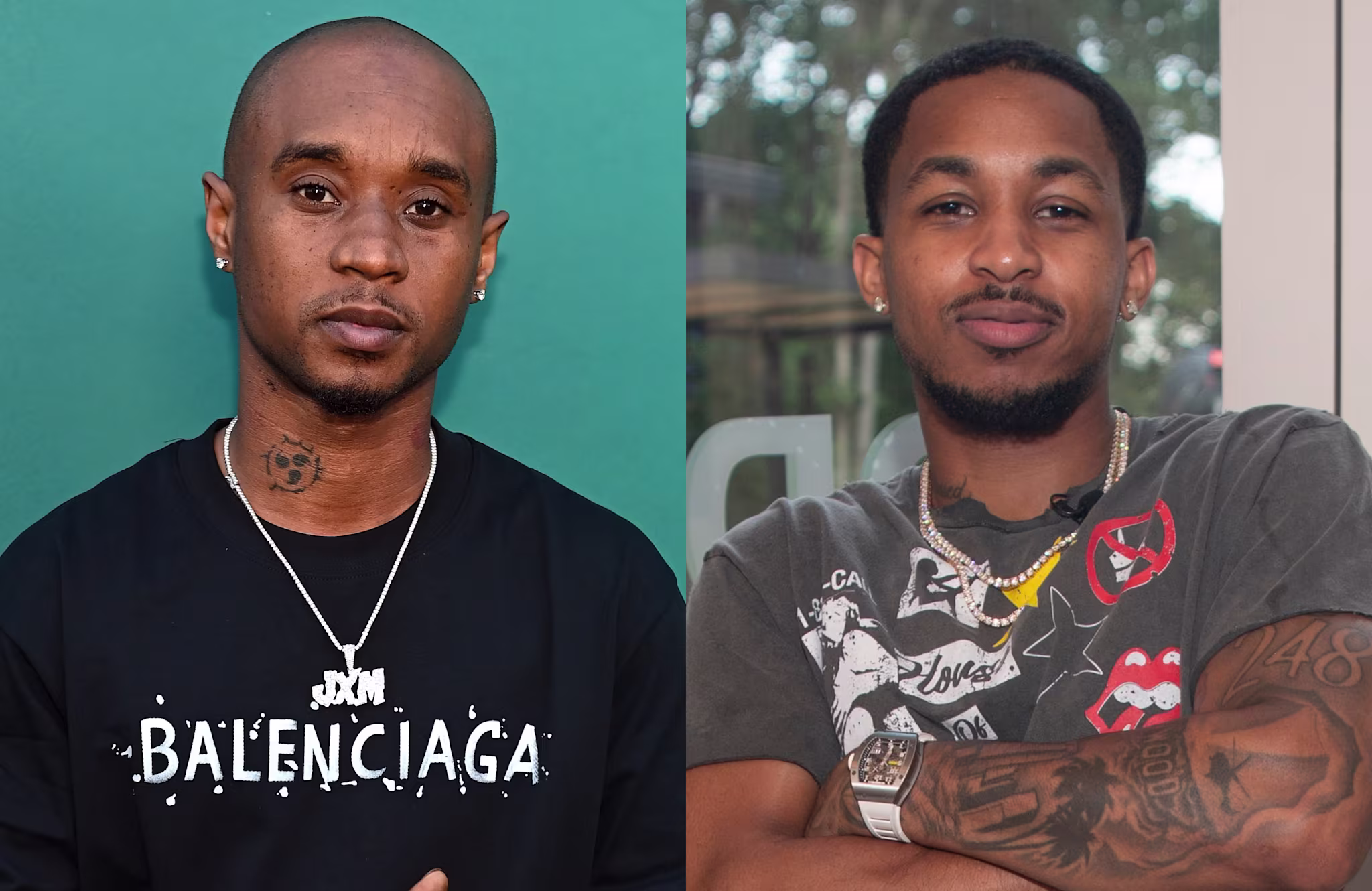 Slim Jxmmi wearing a Balenciaga shirt and necklace, DDG with tattoos and a graphic tee, both looking at the camera.