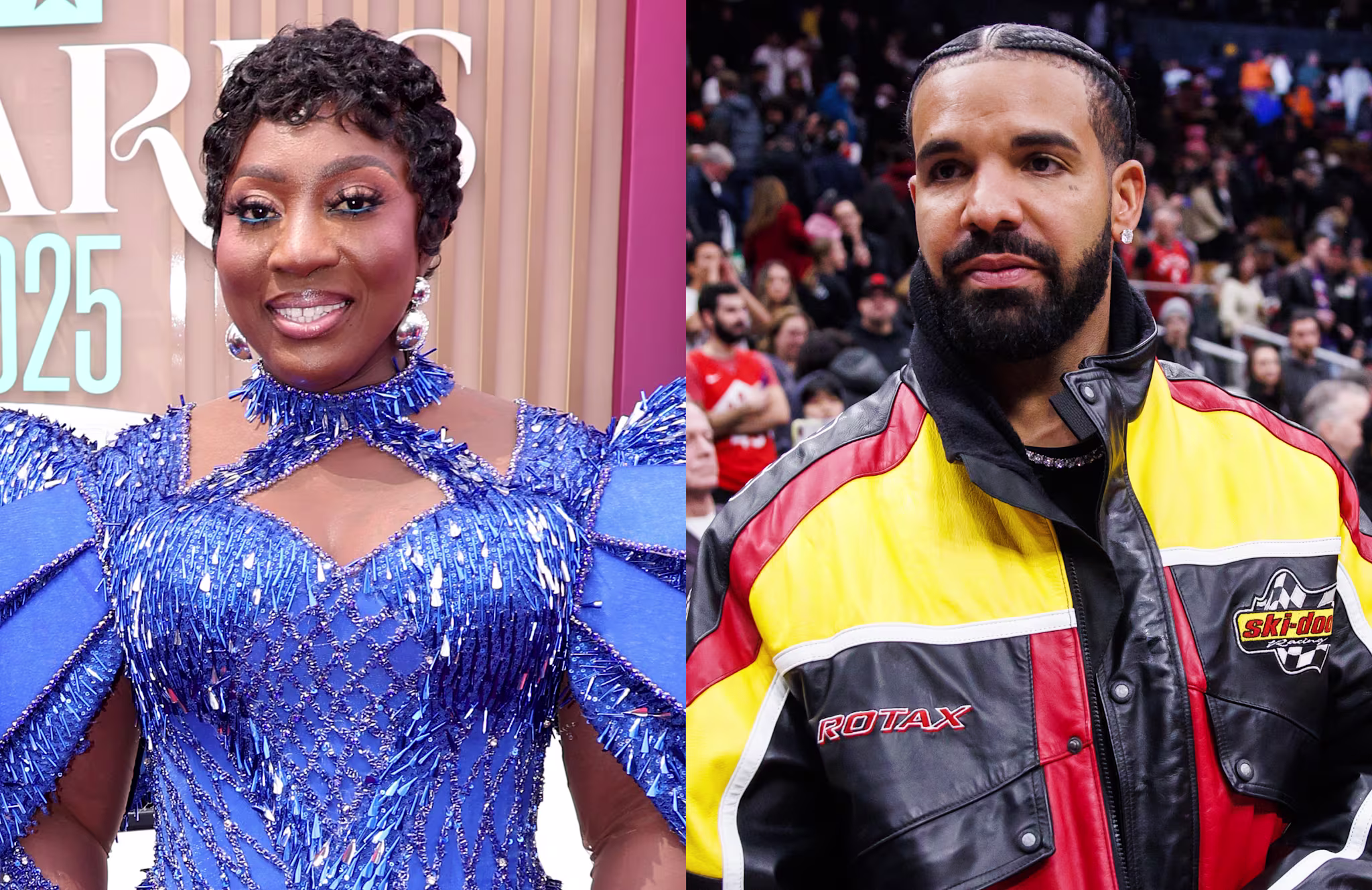 Spice in a blue sequin dress, and Drake in a yellow, red, and black jacket at a sports event.
