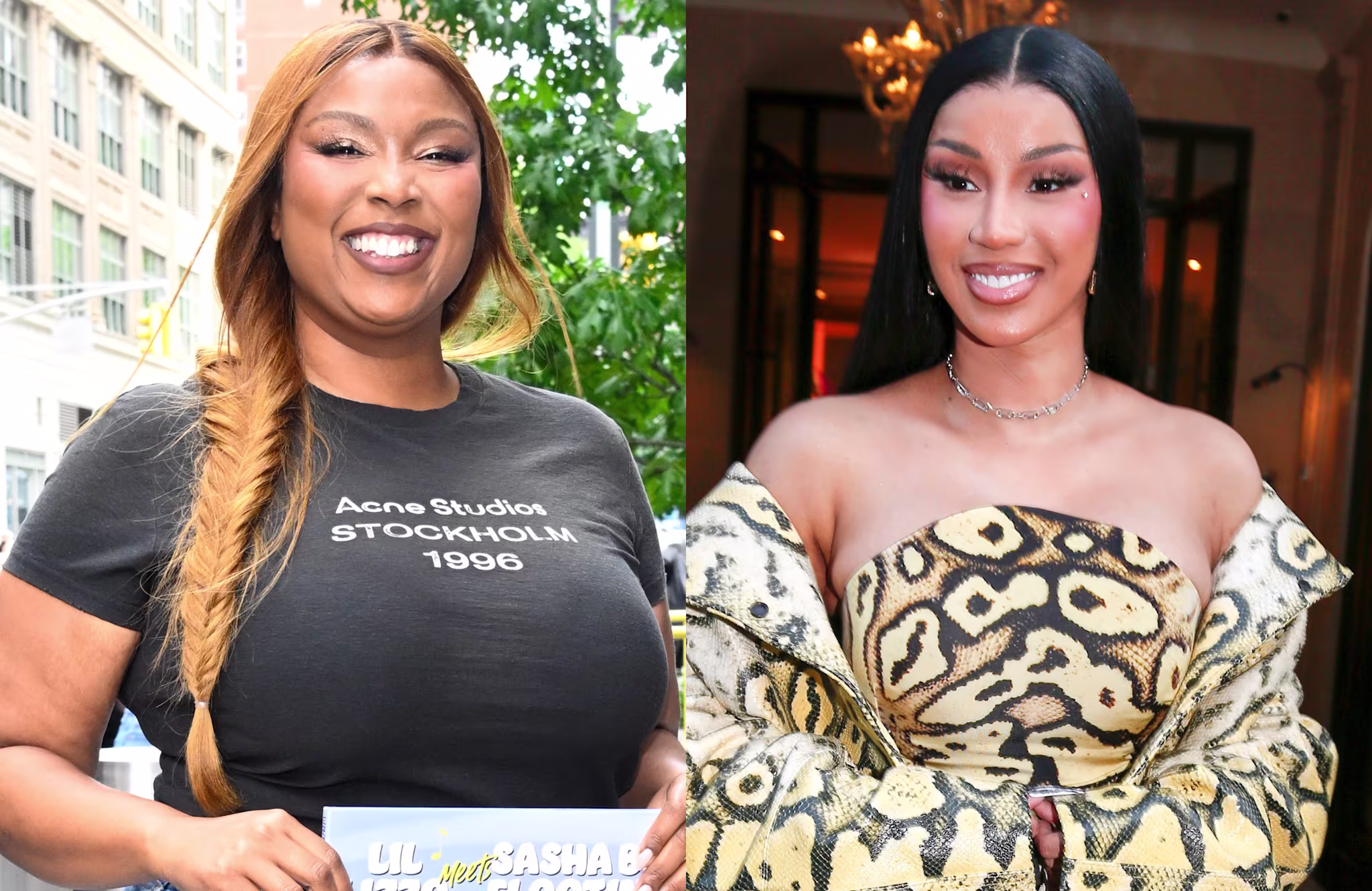 Lizzo with long hair in a black T-shirt, Cardi B with long dark hair in a patterned outfit.