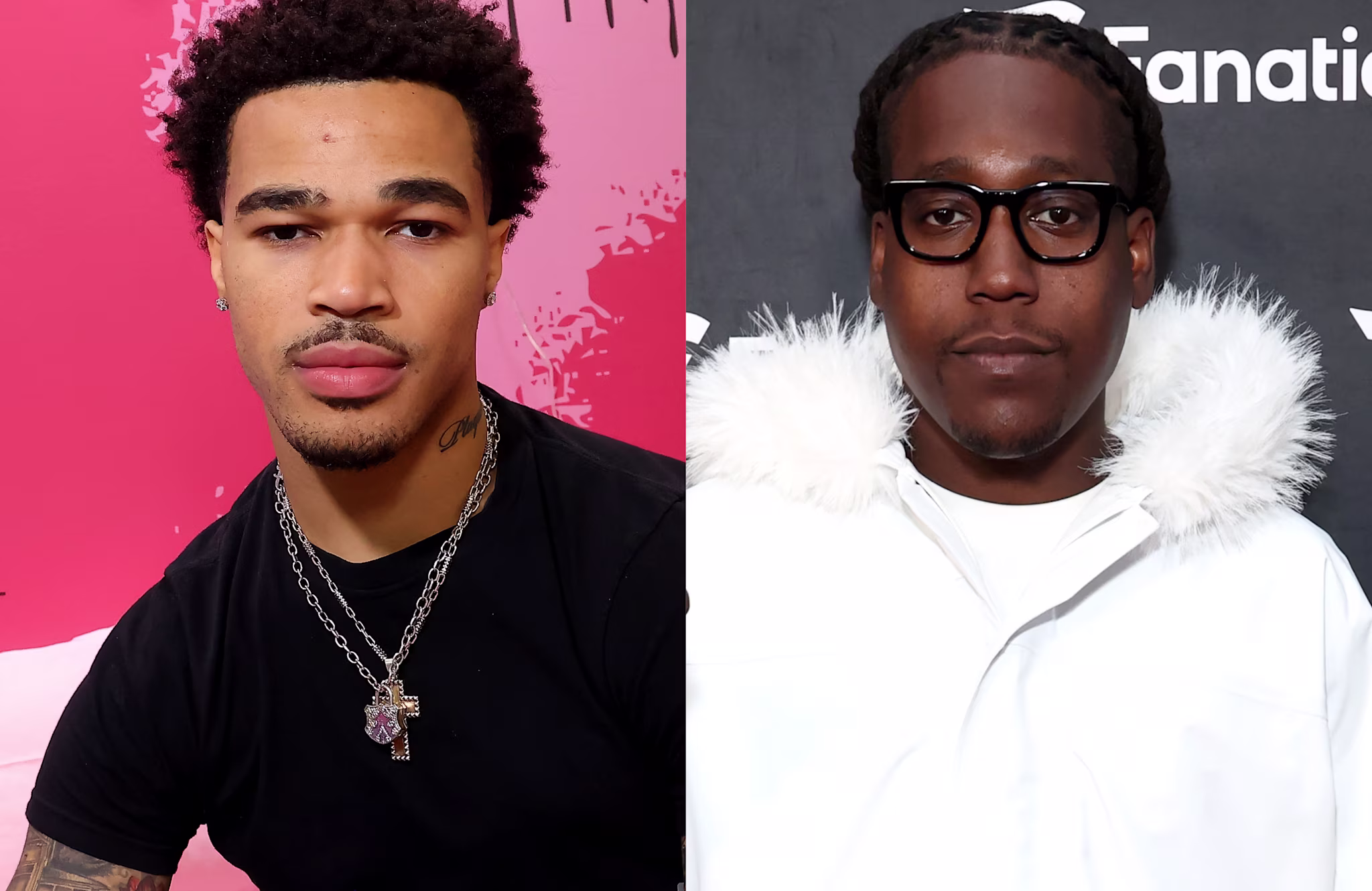 PlaqueBoyMax in a black shirt with a chain necklace, Don Toliver in glasses and a white jacket with a furry collar.
