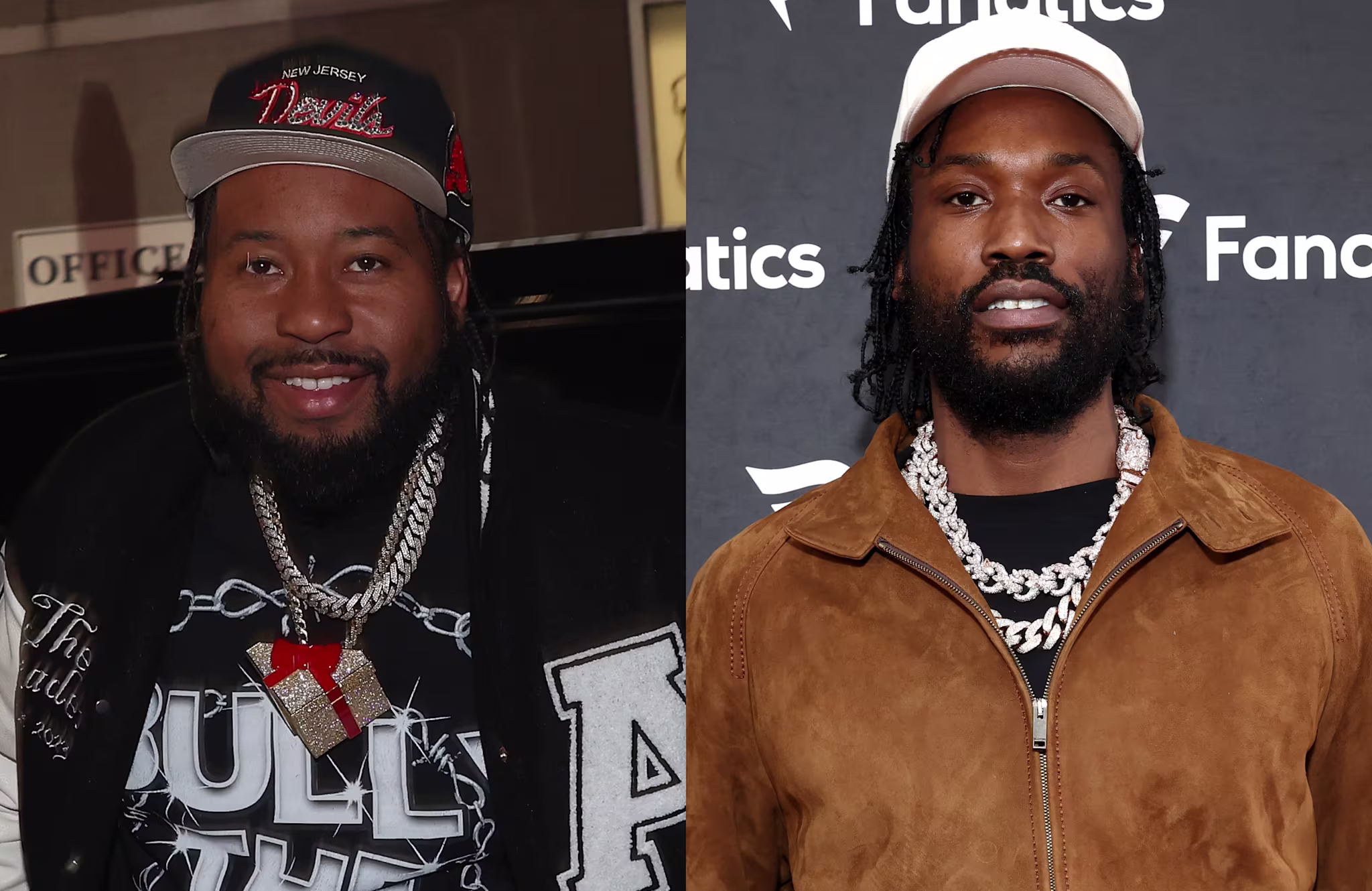 Akademiks in a black cap and jacket, Meek Mill in a tan jacket and white cap, both wearing necklaces.