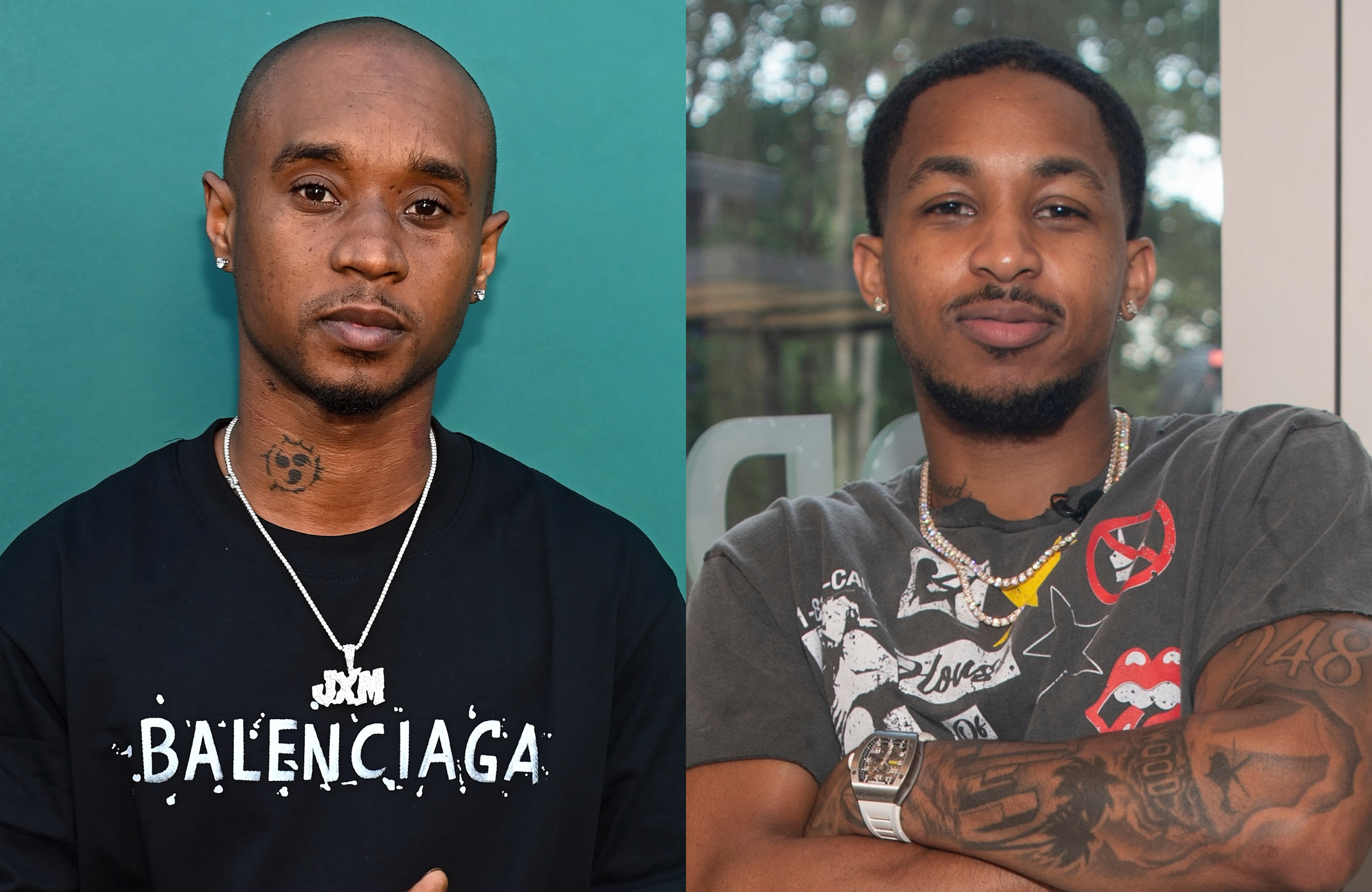 Slim Jxmmi wearing a Balenciaga shirt and necklace, DDG with tattoos and a graphic tee, both looking at the camera.