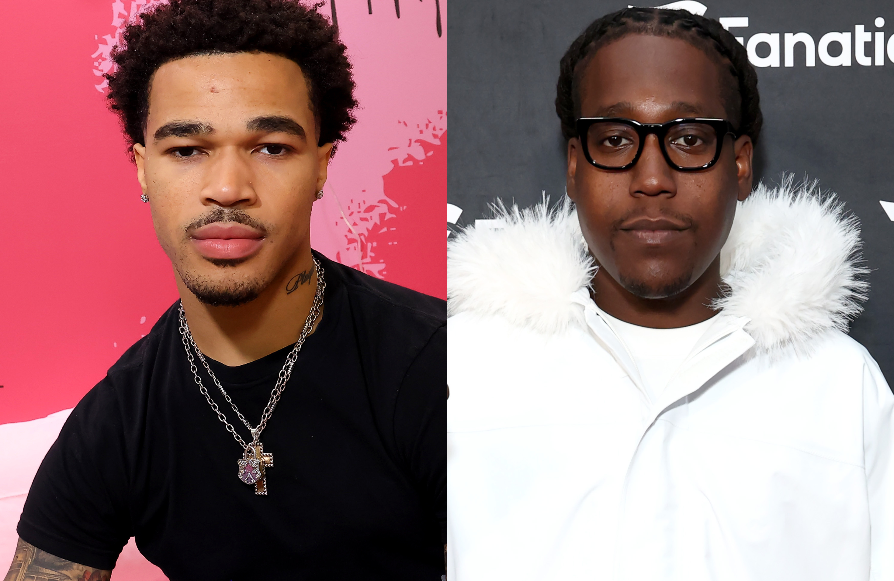 PlaqueBoyMax has curly hair and wears a black shirt with a necklace. Don Toliver wears glasses and a white jacket.