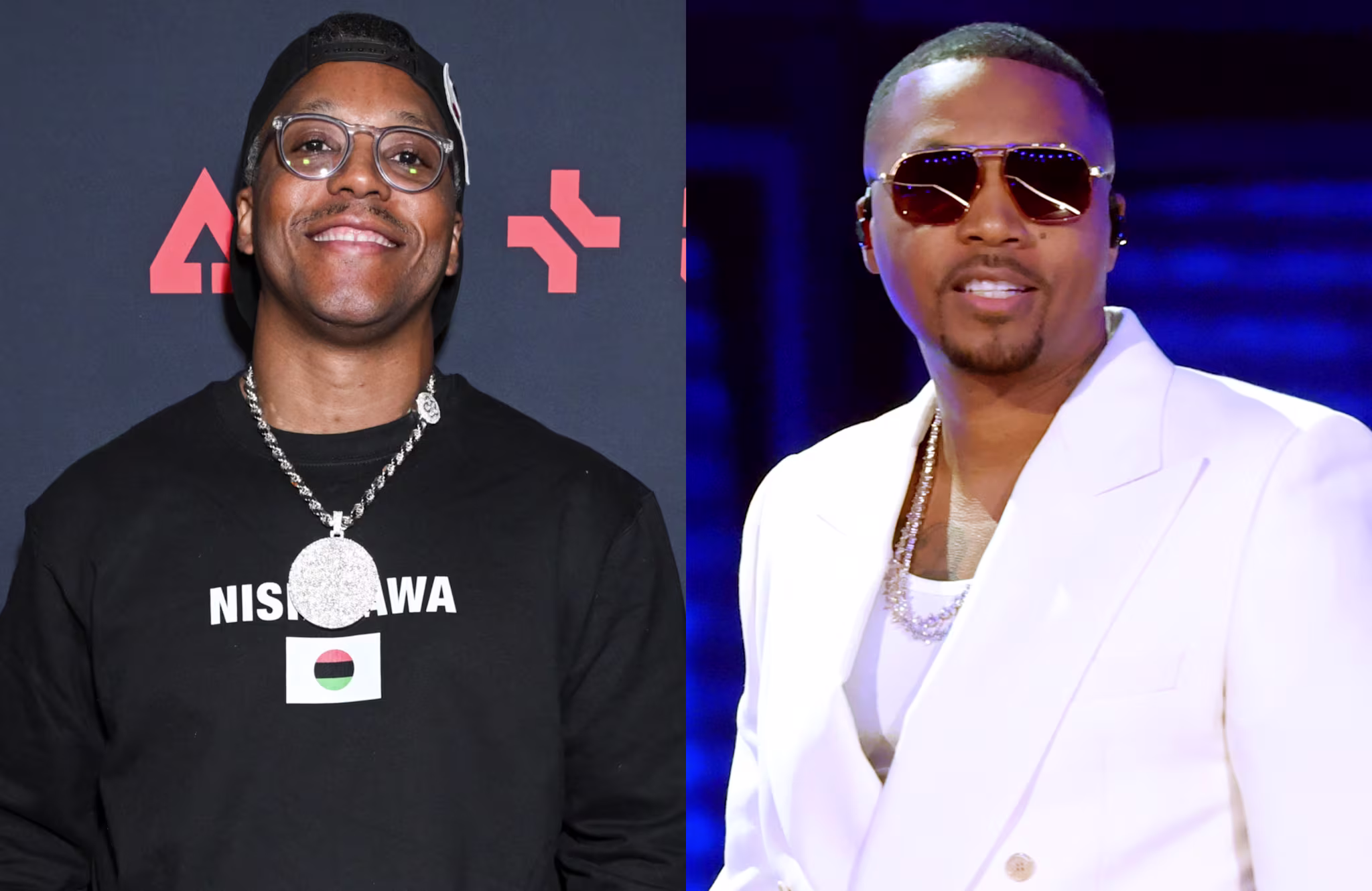 Lupe Fiasco in a black shirt and cap with glasses, Nas in a white suit with sunglasses, both smiling.