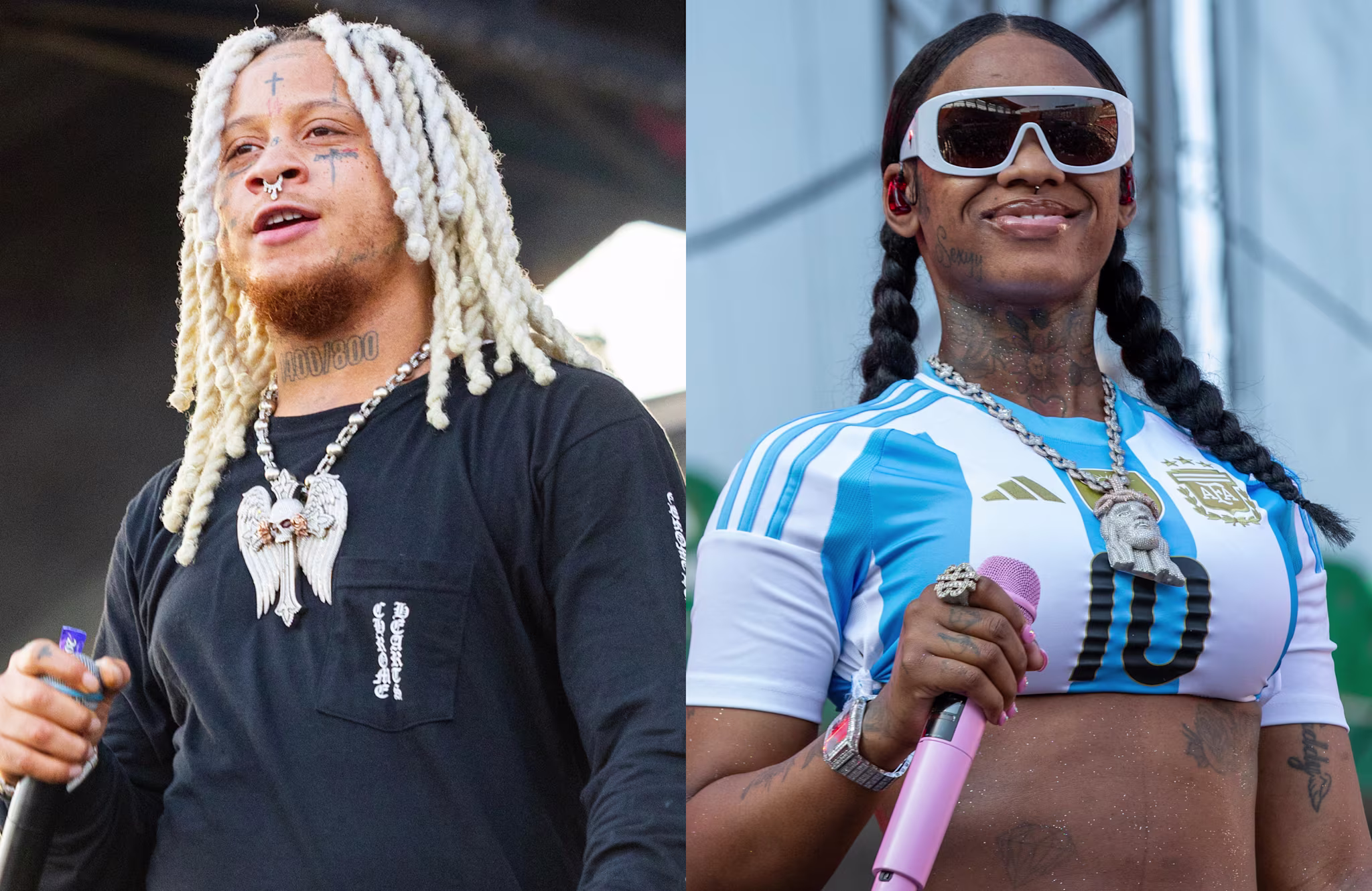 Trippie Redd with blond dreadlocks and facial tattoos, wearing a black shirt; Sexyy Red with braids, sunglasses, and a sports jersey.