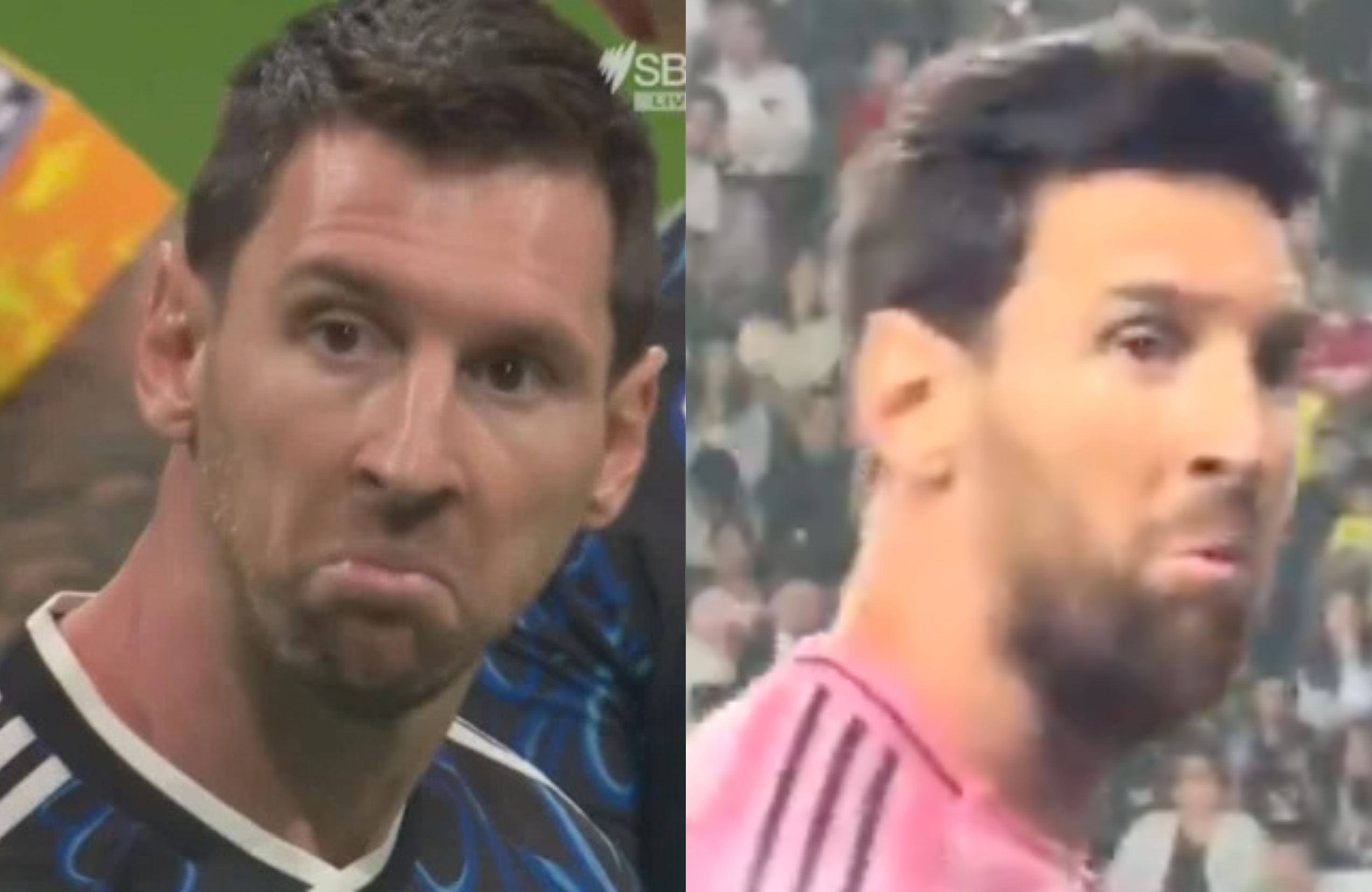 Two images of Lionel Messi with a beard, making a pouting face. The background shows a stadium setting.