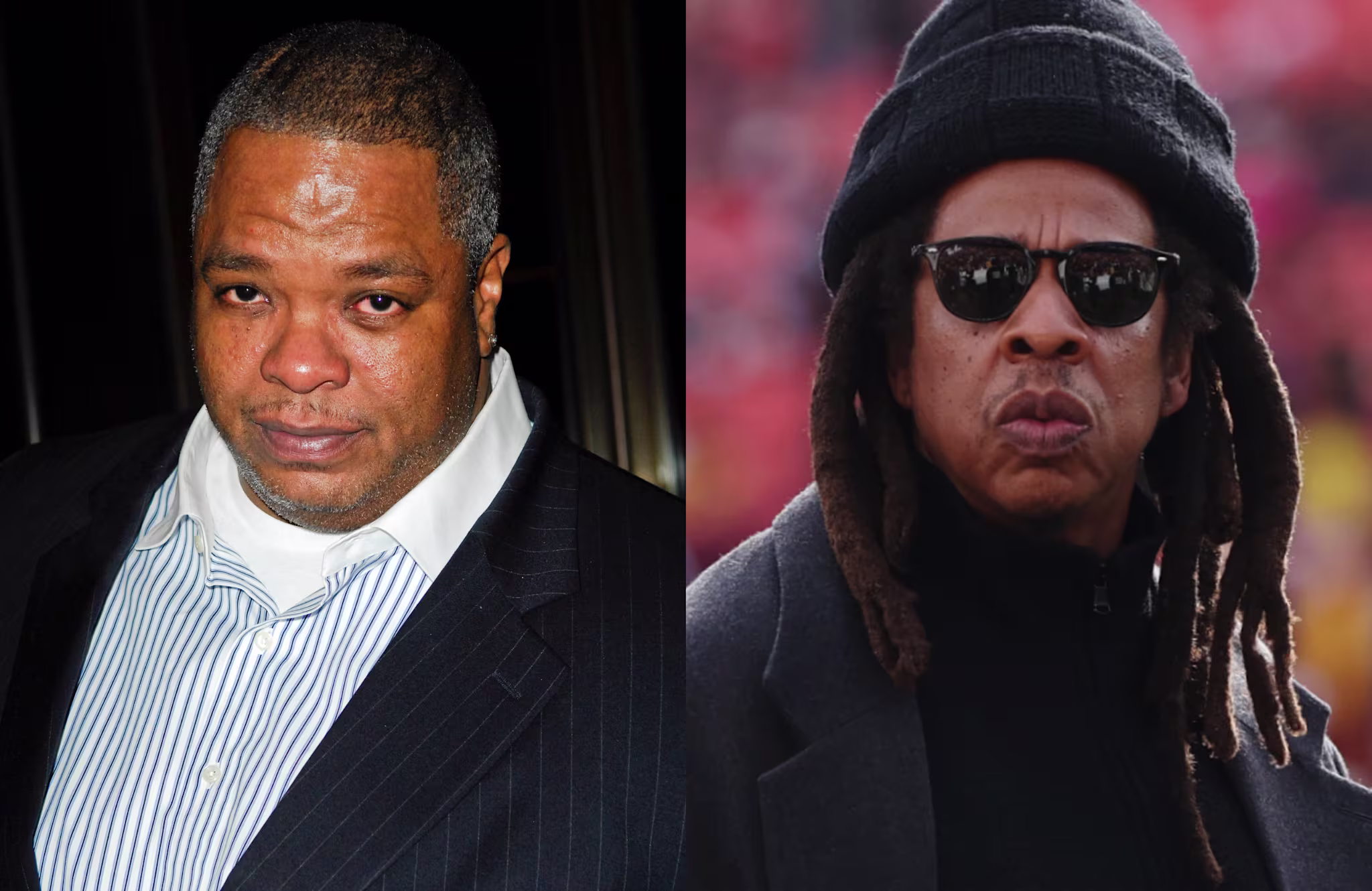 Lance Rivera in a suit with a white shirt on the left, and Jay-Z with sunglasses, dreadlocks, and a beanie on the right.