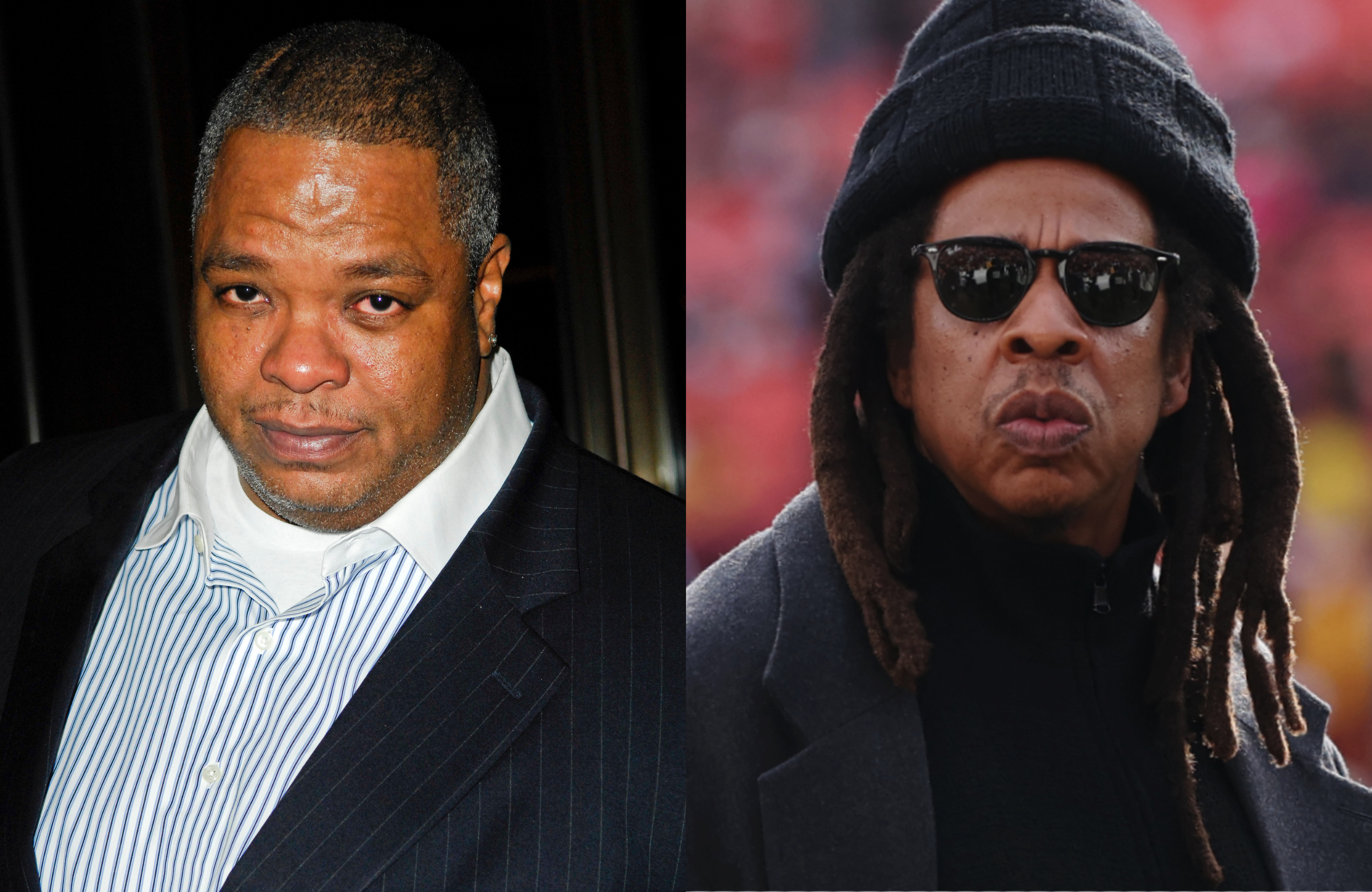 Lance Rivera in a suit with a white shirt on the left, and Jay-Z with sunglasses, dreadlocks, and a beanie on the right.