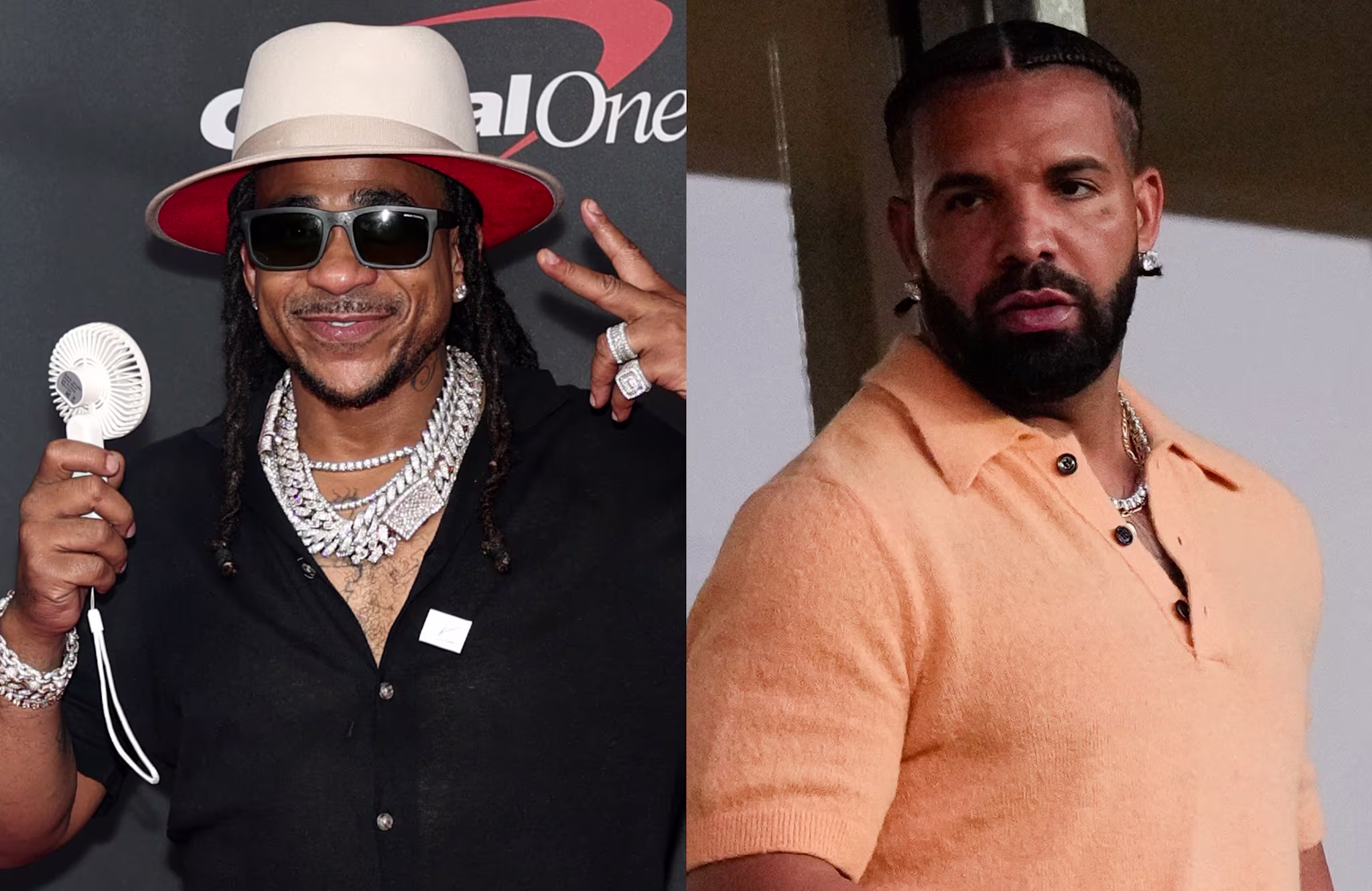 Max B wearing a hat and sunglasses, holding a fan, and Drake in an orange shirt with a beard and jewelry.