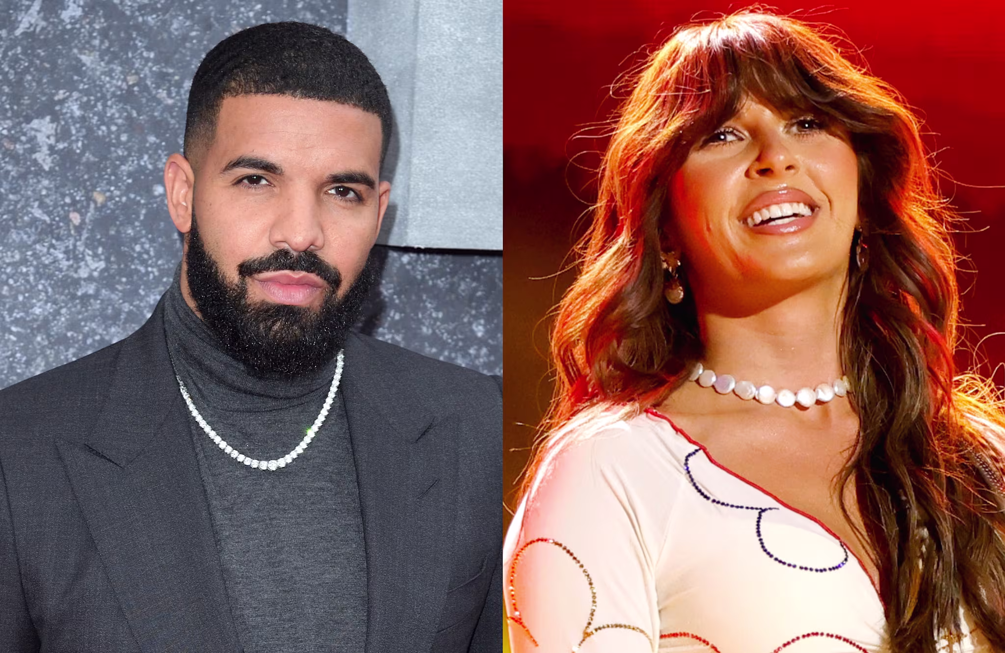 Drake wearing a dark turtleneck and chain, next to Ella Langley with long hair and a white outfit, smiling on stage.