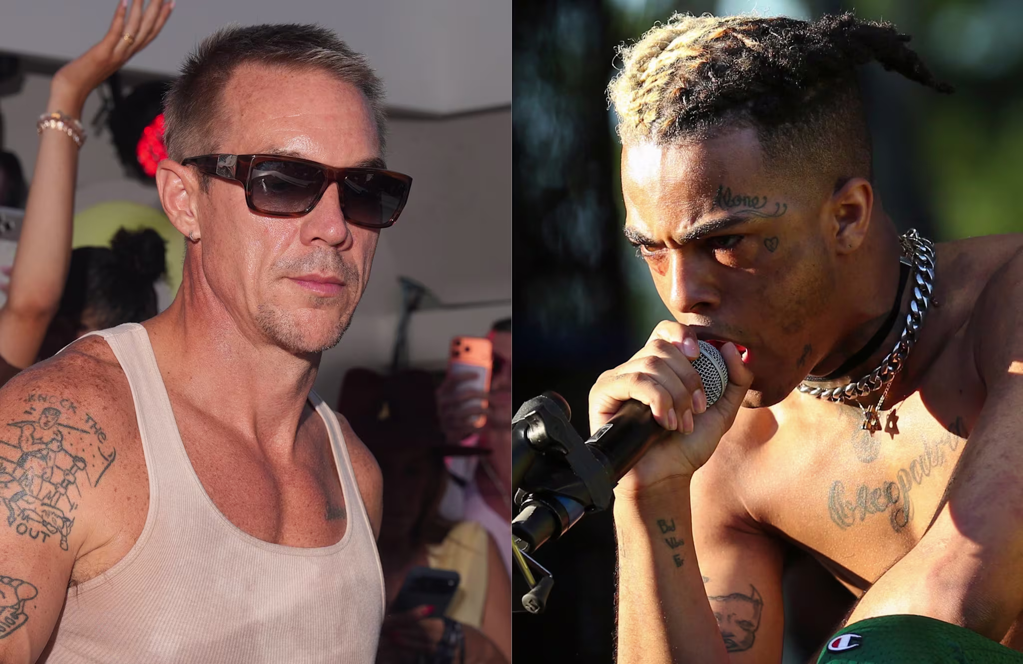 Diplo in sunglasses and a tank top, and XXXTentacion performing shirtless with tattoos and a microphone.