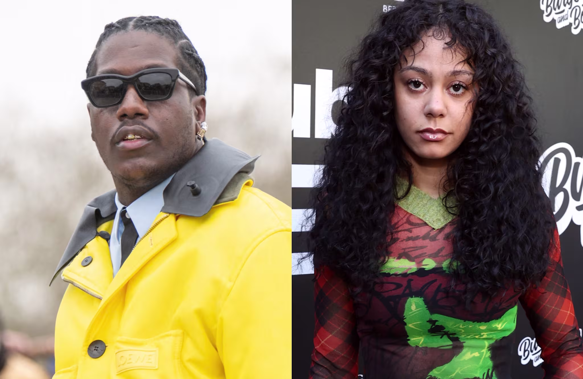 Lil Yachty in a yellow coat with sunglasses, and Karrahbooo with curly hair in a patterned top, posing separately at an event.