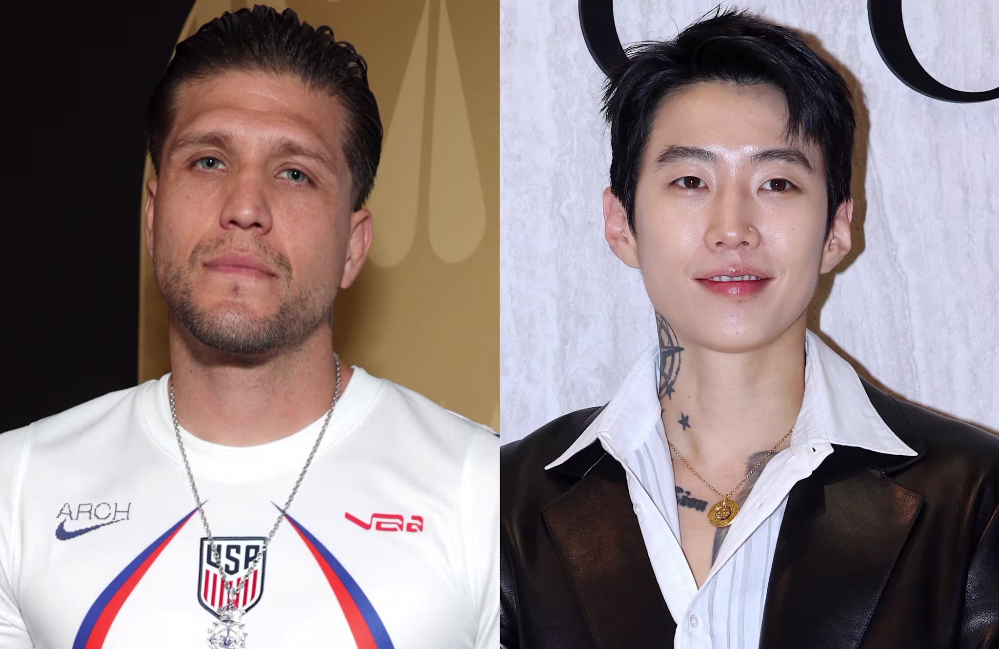 Brian Ortega on the left wears a white sports shirt, and Jay Park on the right wears a black jacket and white shirt.
