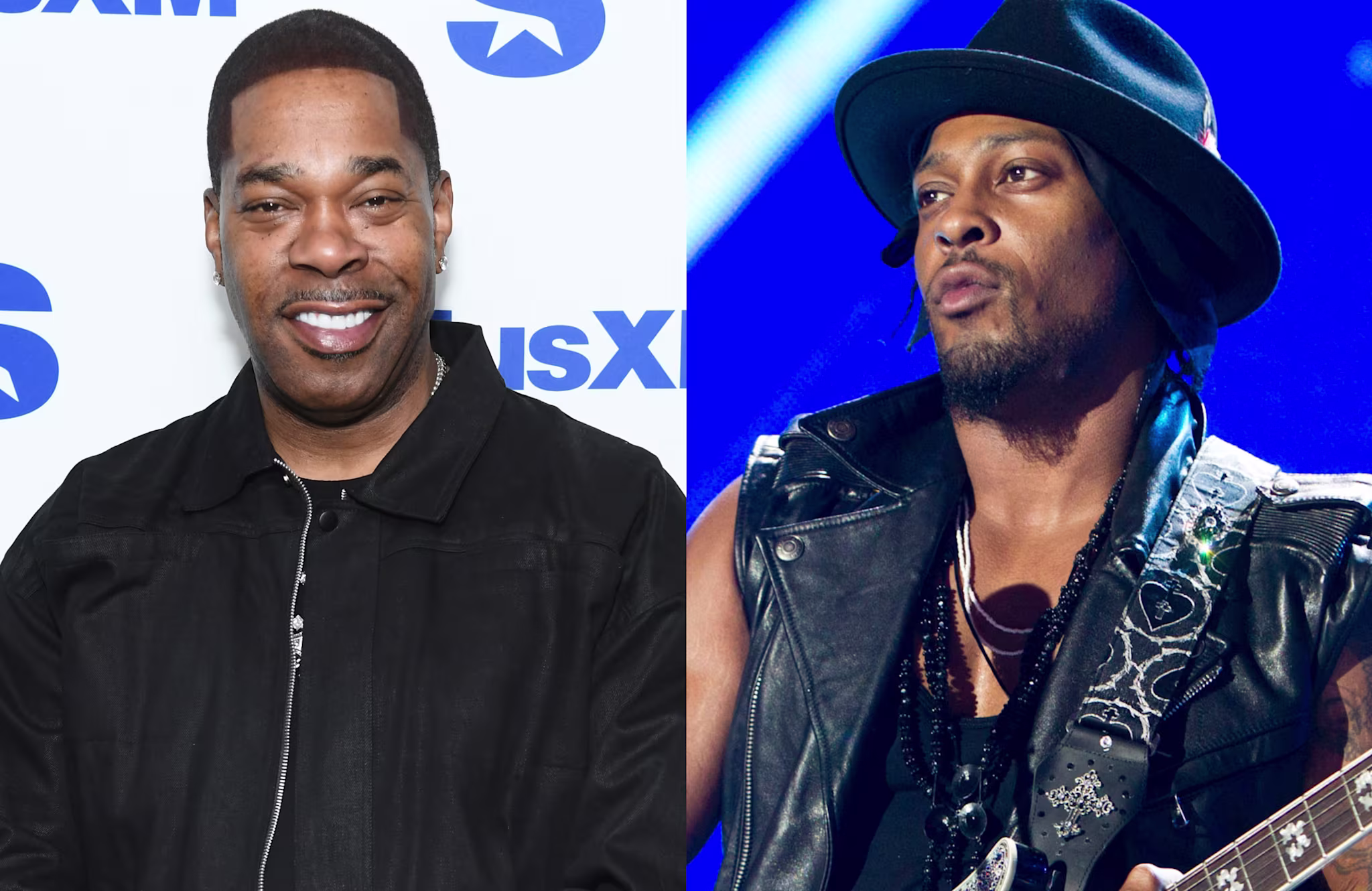 Busta Rhymes smiling in a black jacket; D'Angelo performing in a hat and leather vest, holding a guitar.